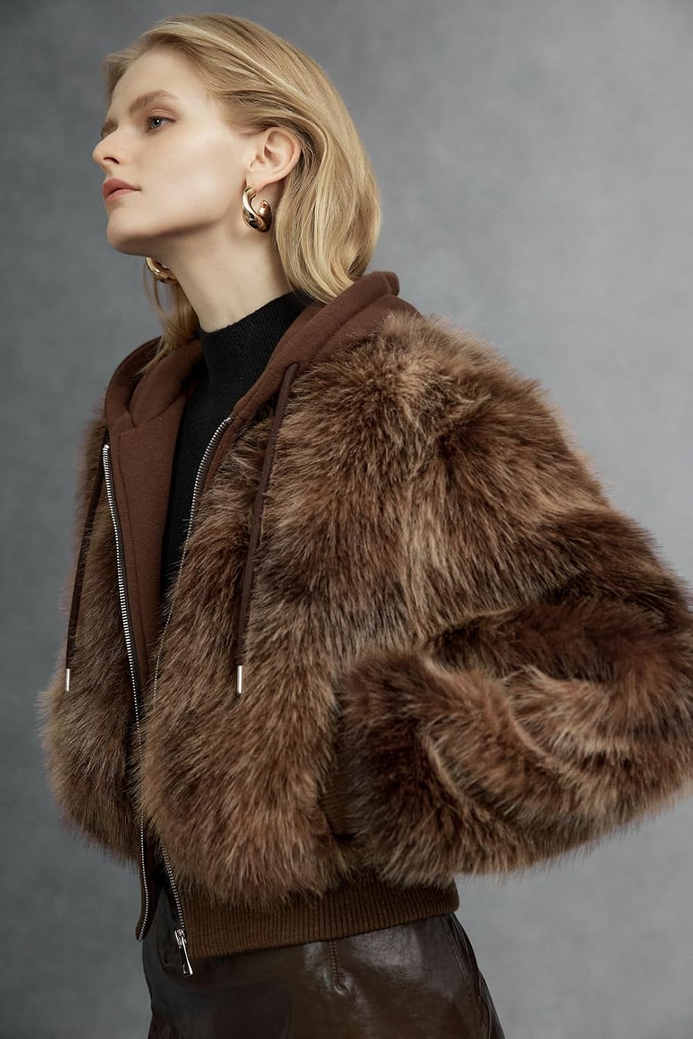image:imageBellivera Womens Faux Fur Cropped Jacket Fluffy Fleece Zip Coat Long Sleeve Fuzzy Shaggy Fur Short Warm Soft Outerwear for Fall Winter with Faux Leather Spliced LapelCoffee