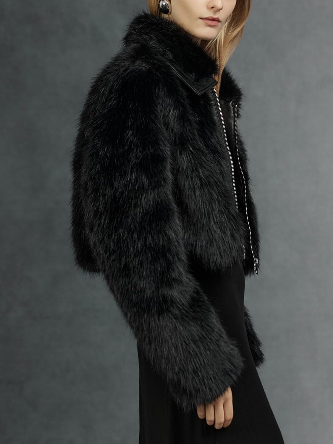 image:imageBellivera Womens Faux Fur Cropped Jacket Fluffy Fleece Zip Coat Long Sleeve Fuzzy Shaggy Fur Short Warm Soft Outerwear for Fall Winter with Faux Leather Spliced LapelPure Black Crop