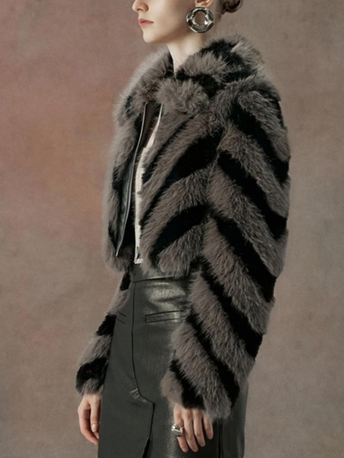 image:imageBellivera Womens Faux Fur Cropped Jacket Fluffy Fleece Zip Coat Long Sleeve Fuzzy Shaggy Fur Short Warm Soft Outerwear for Fall Winter with Faux Leather Spliced LapelDark Gray Crop