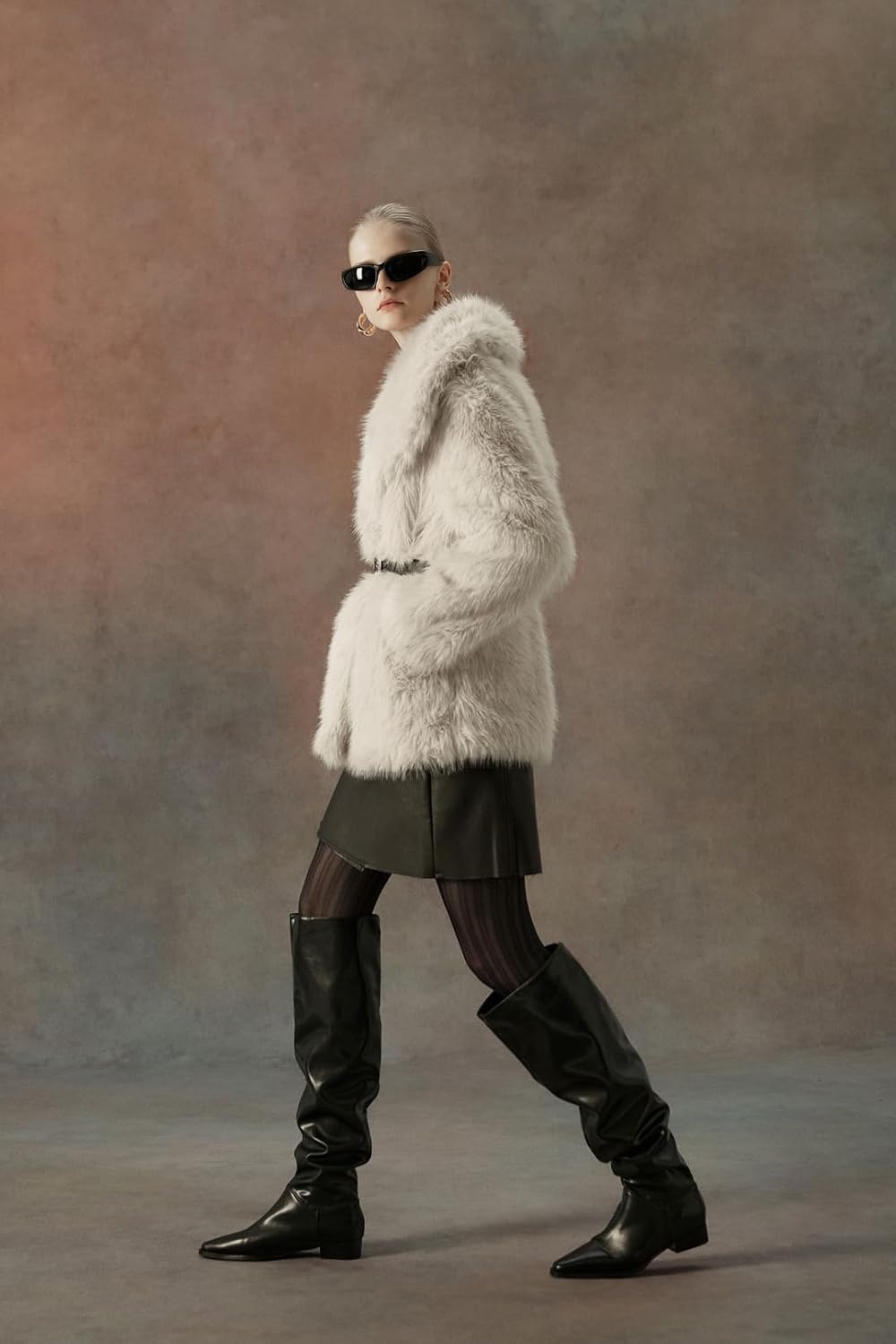 image:imageBellivera Womens Faux Fur Cropped Jacket Fluffy Fleece Zip Coat Long Sleeve Fuzzy Shaggy Fur Short Warm Soft Outerwear for Fall Winter with Faux Leather Spliced LapelBeige