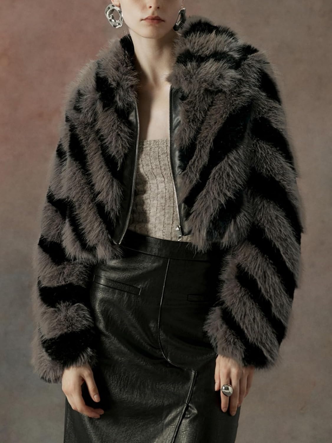 image:imageBellivera Womens Faux Fur Cropped Jacket Fluffy Fleece Zip Coat Long Sleeve Fuzzy Shaggy Fur Short Warm Soft Outerwear for Fall Winter with Faux Leather Spliced LapelDark Gray Crop