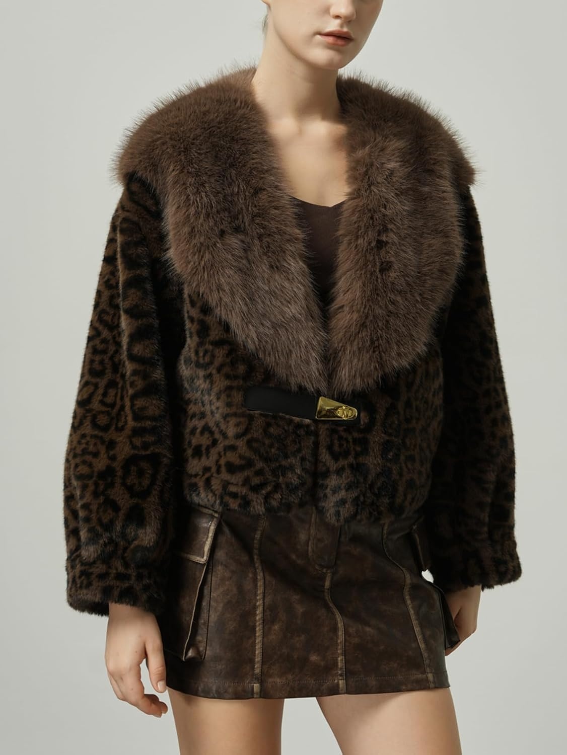 image:imageBellivera Womens Faux Fur Cropped Jacket Fluffy Fleece Zip Coat Long Sleeve Fuzzy Shaggy Fur Short Warm Soft Outerwear for Fall Winter with Faux Leather Spliced LapelBrown Fuzzy Jacket