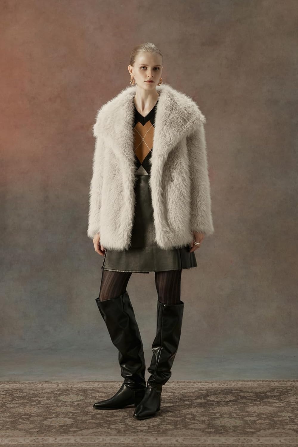 image:imageBellivera Womens Faux Fur Cropped Jacket Fluffy Fleece Zip Coat Long Sleeve Fuzzy Shaggy Fur Short Warm Soft Outerwear for Fall Winter with Faux Leather Spliced LapelBeige