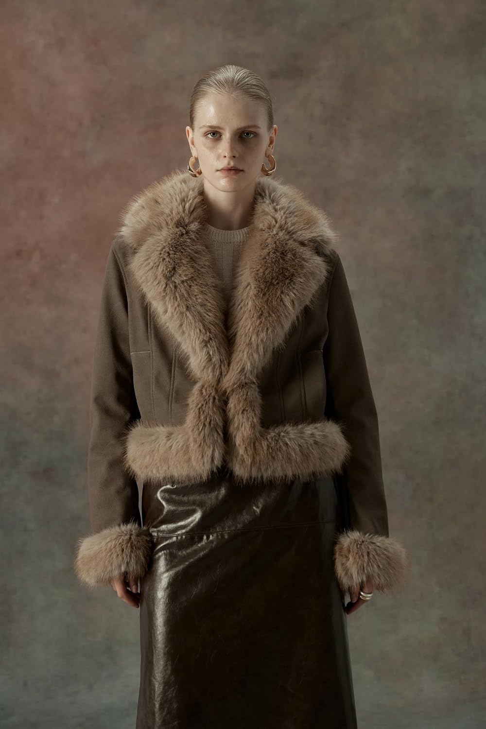 image:imageBellivera Womens Faux Fur Cropped Jacket Fluffy Fleece Zip Coat Long Sleeve Fuzzy Shaggy Fur Short Warm Soft Outerwear for Fall Winter with Faux Leather Spliced LapelCamel