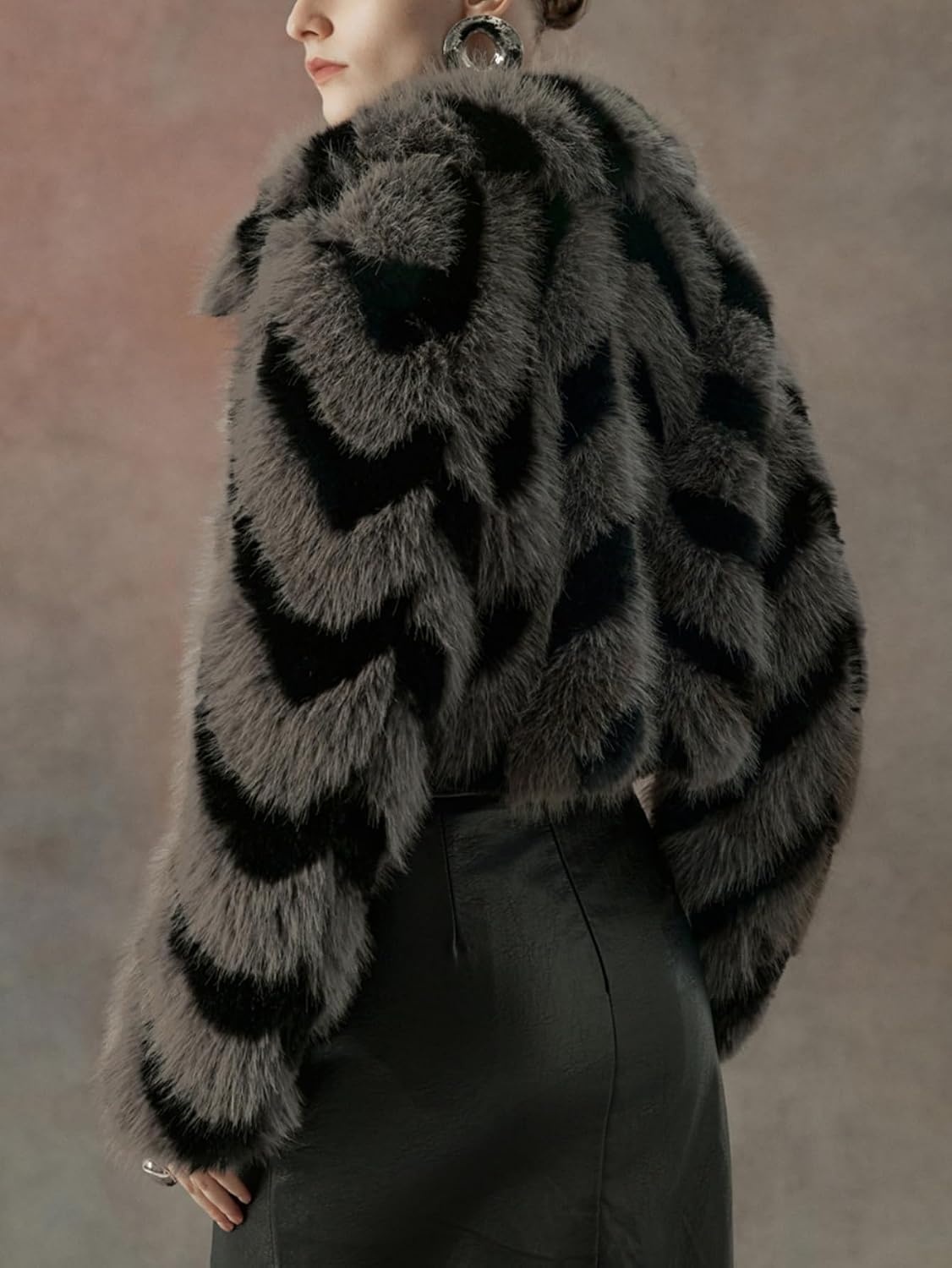 image:imageBellivera Womens Faux Fur Cropped Jacket Fluffy Fleece Zip Coat Long Sleeve Fuzzy Shaggy Fur Short Warm Soft Outerwear for Fall Winter with Faux Leather Spliced LapelDark Gray Crop
