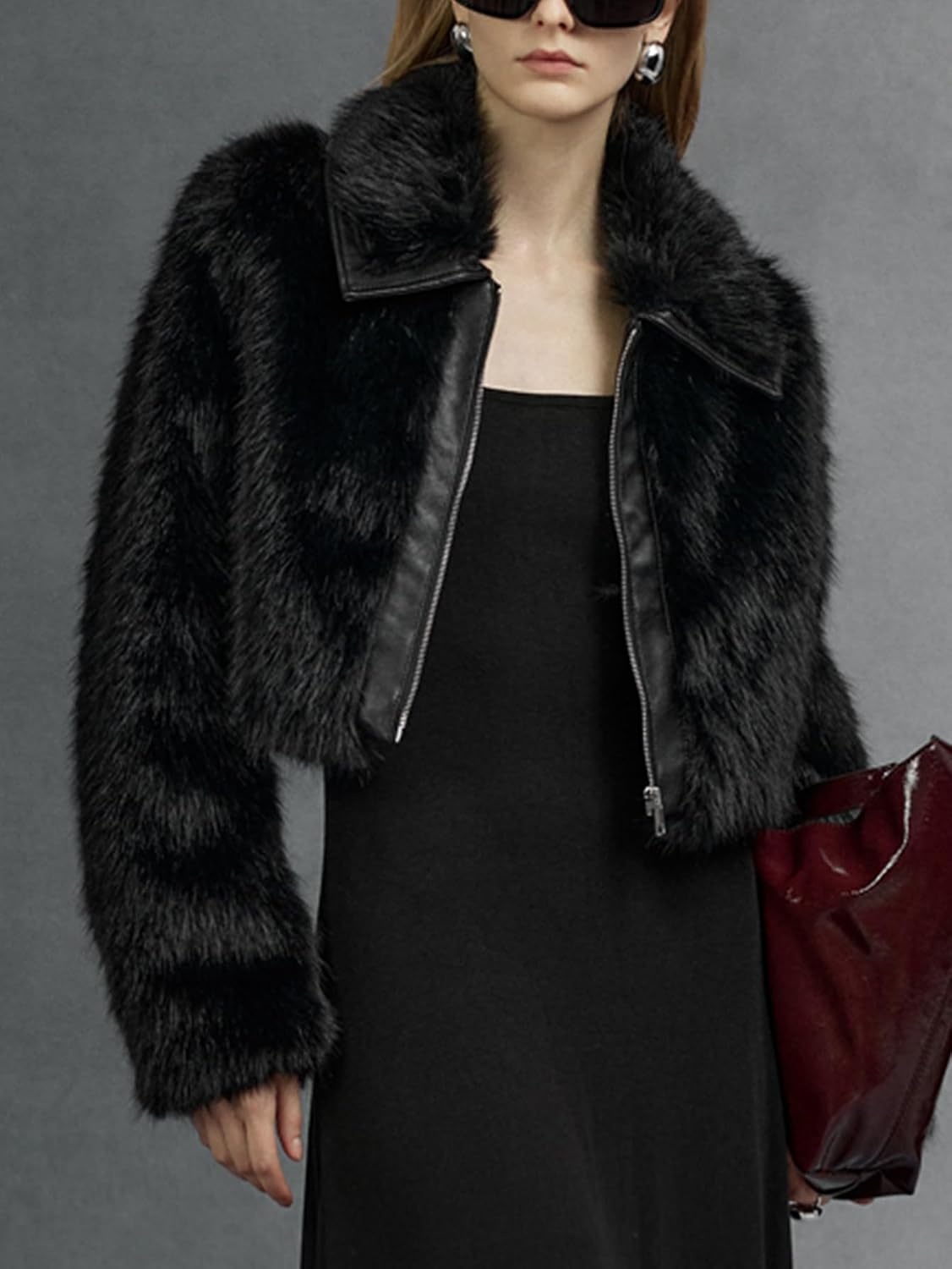 image:imageBellivera Womens Faux Fur Cropped Jacket Fluffy Fleece Zip Coat Long Sleeve Fuzzy Shaggy Fur Short Warm Soft Outerwear for Fall Winter with Faux Leather Spliced LapelPure Black Crop