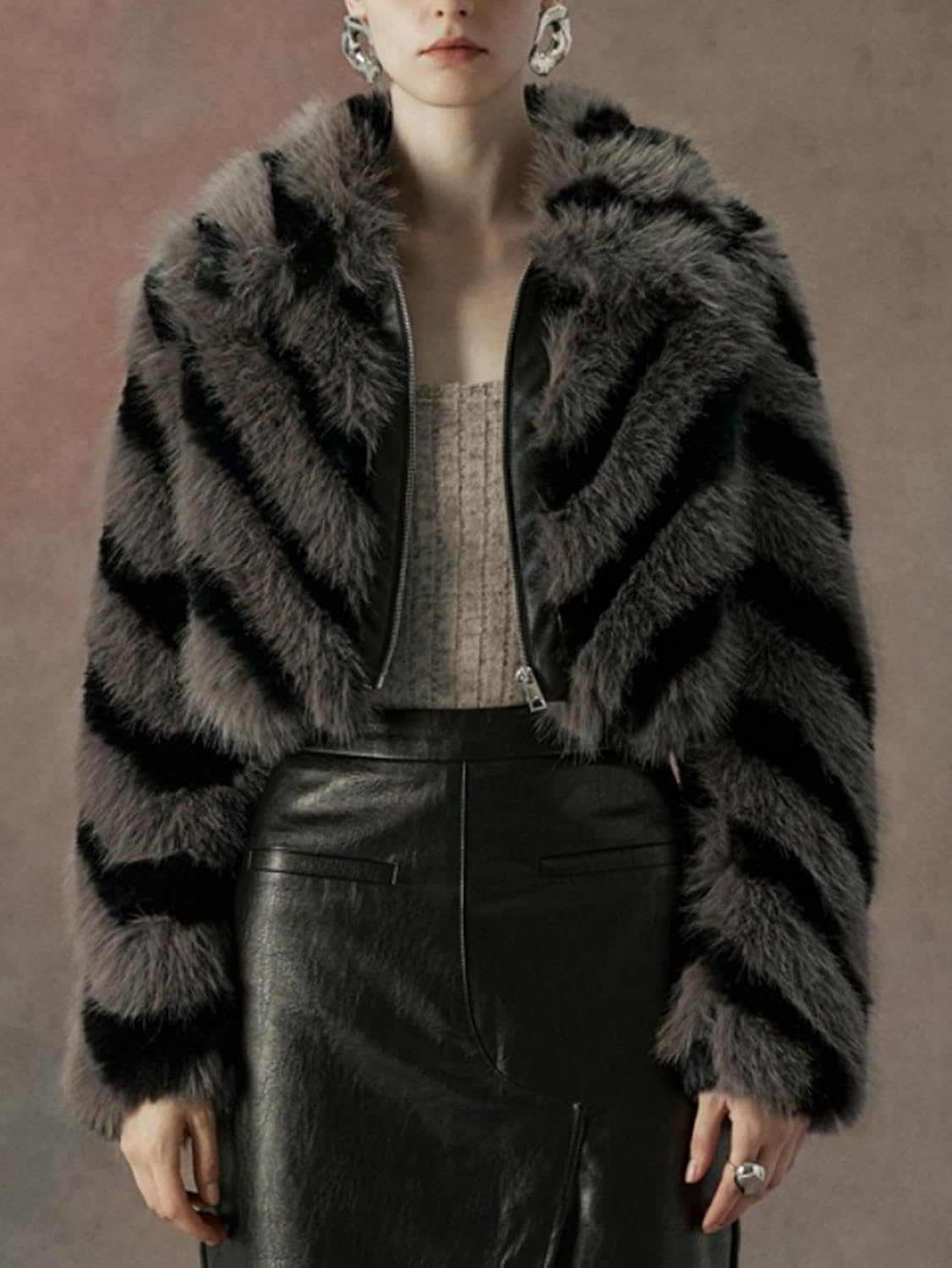 image:imageBellivera Womens Faux Fur Cropped Jacket Fluffy Fleece Zip Coat Long Sleeve Fuzzy Shaggy Fur Short Warm Soft Outerwear for Fall Winter with Faux Leather Spliced LapelDark Gray Crop