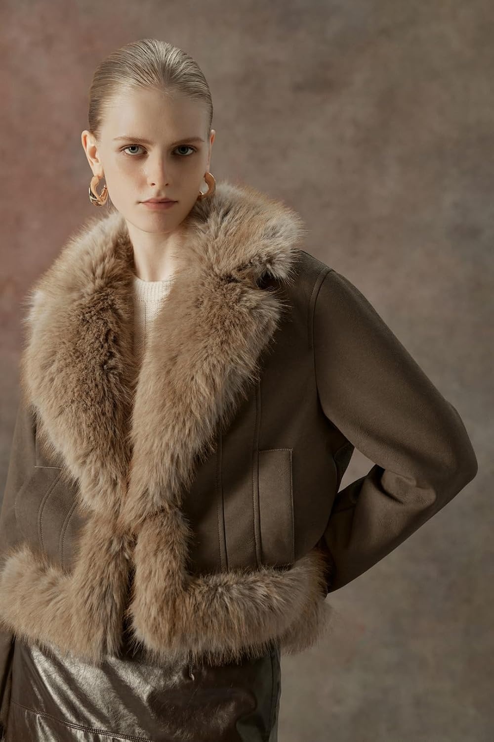 image:imageBellivera Womens Faux Fur Cropped Jacket Fluffy Fleece Zip Coat Long Sleeve Fuzzy Shaggy Fur Short Warm Soft Outerwear for Fall Winter with Faux Leather Spliced LapelCamel