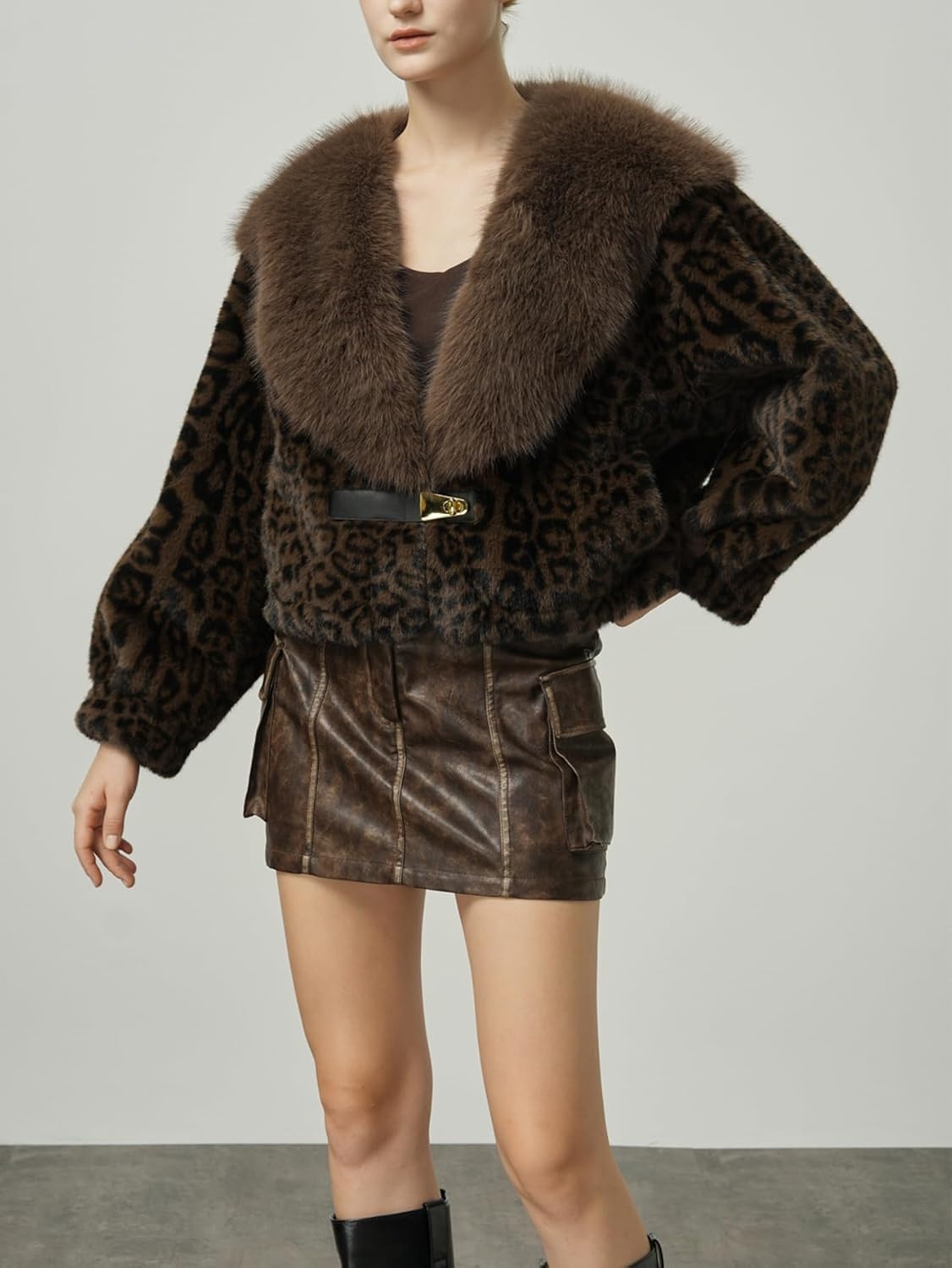 image:imageBellivera Womens Faux Fur Cropped Jacket Fluffy Fleece Zip Coat Long Sleeve Fuzzy Shaggy Fur Short Warm Soft Outerwear for Fall Winter with Faux Leather Spliced LapelBrown Fuzzy Jacket