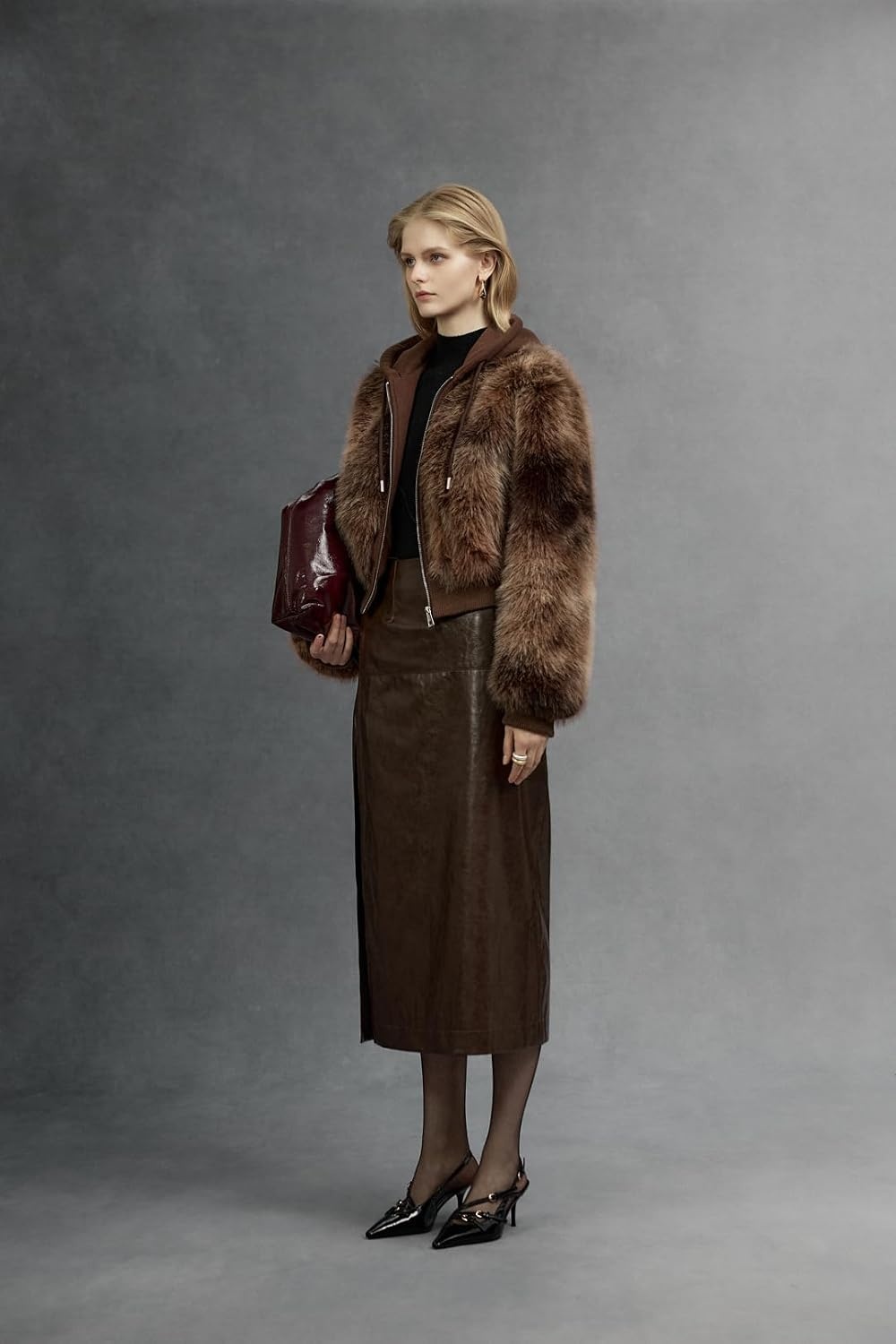 image:imageBellivera Womens Faux Fur Cropped Jacket Fluffy Fleece Zip Coat Long Sleeve Fuzzy Shaggy Fur Short Warm Soft Outerwear for Fall Winter with Faux Leather Spliced LapelCoffee