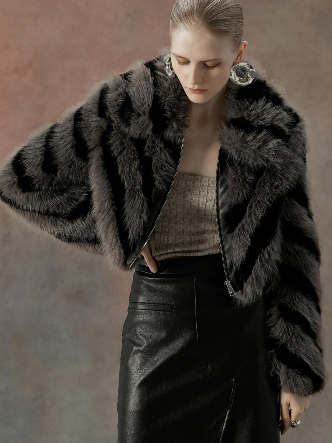 image:imageBellivera Womens Faux Fur Cropped Jacket Fluffy Fleece Zip Coat Long Sleeve Fuzzy Shaggy Fur Short Warm Soft Outerwear for Fall Winter with Faux Leather Spliced LapelDark Gray Crop