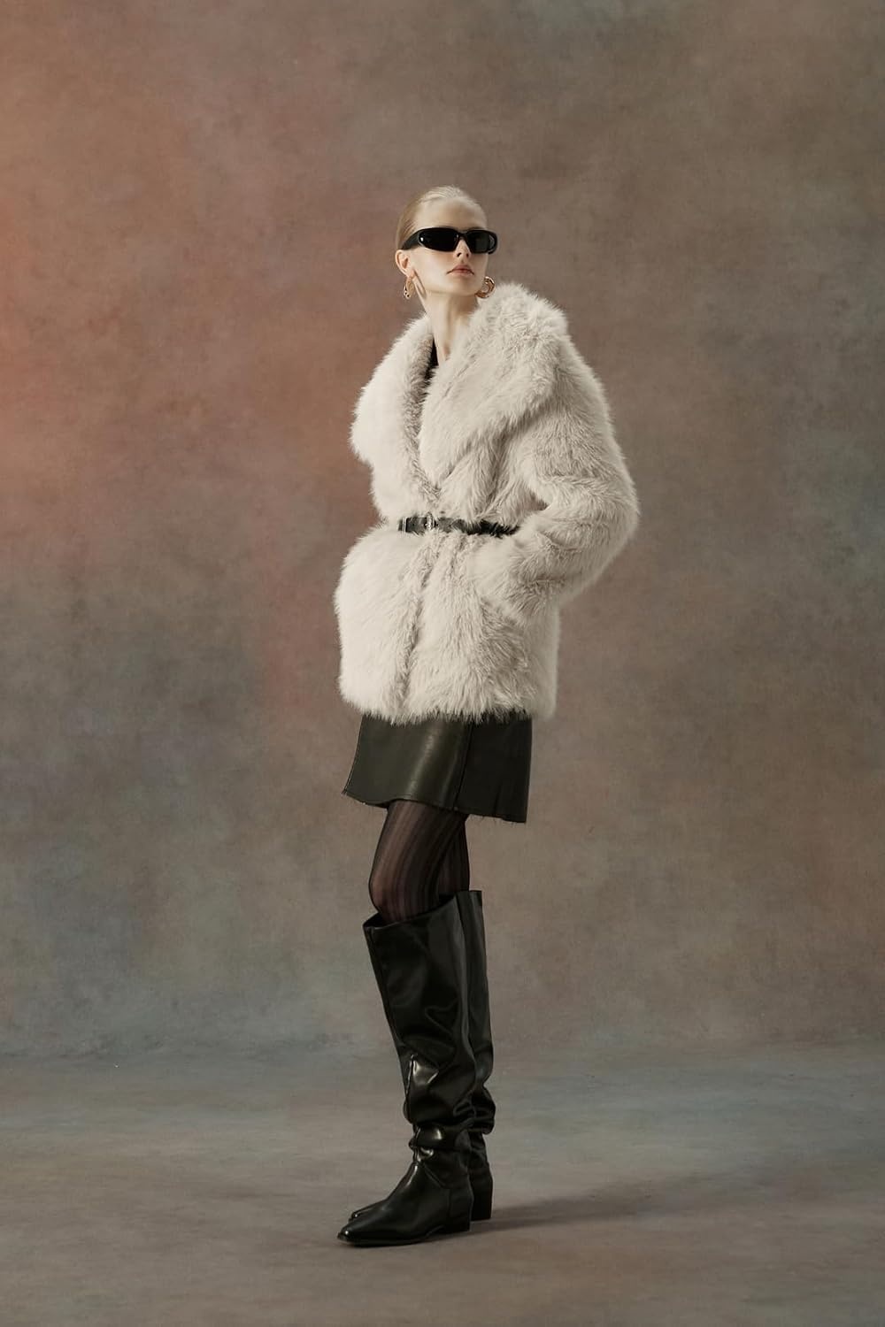 image:imageBellivera Womens Faux Fur Cropped Jacket Fluffy Fleece Zip Coat Long Sleeve Fuzzy Shaggy Fur Short Warm Soft Outerwear for Fall Winter with Faux Leather Spliced LapelBeige