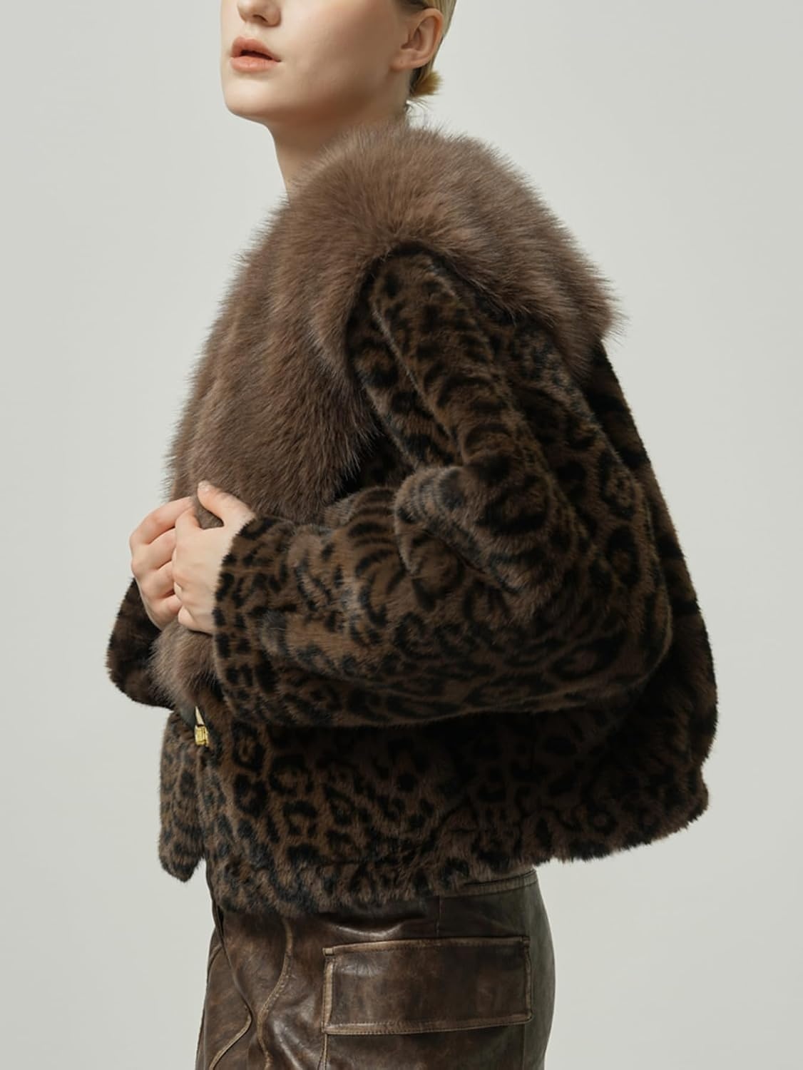 image:imageBellivera Womens Faux Fur Cropped Jacket Fluffy Fleece Zip Coat Long Sleeve Fuzzy Shaggy Fur Short Warm Soft Outerwear for Fall Winter with Faux Leather Spliced LapelBrown Fuzzy Jacket