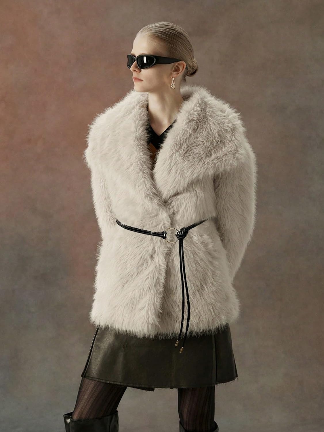 image:imageBellivera Womens Faux Fur Cropped Jacket Fluffy Fleece Zip Coat Long Sleeve Fuzzy Shaggy Fur Short Warm Soft Outerwear for Fall Winter with Faux Leather Spliced LapelBeige