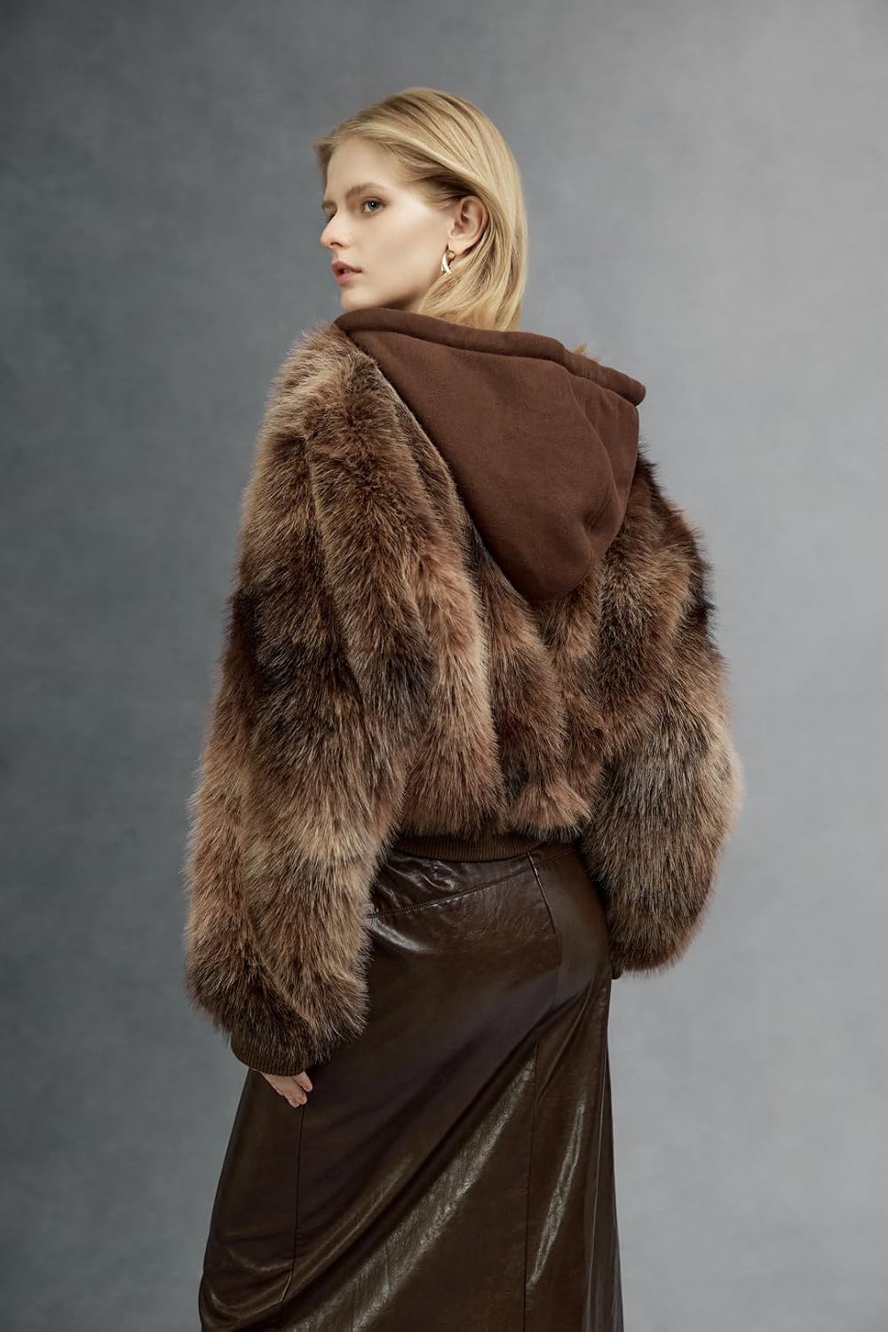 image:imageBellivera Womens Faux Fur Cropped Jacket Fluffy Fleece Zip Coat Long Sleeve Fuzzy Shaggy Fur Short Warm Soft Outerwear for Fall Winter with Faux Leather Spliced LapelCoffee
