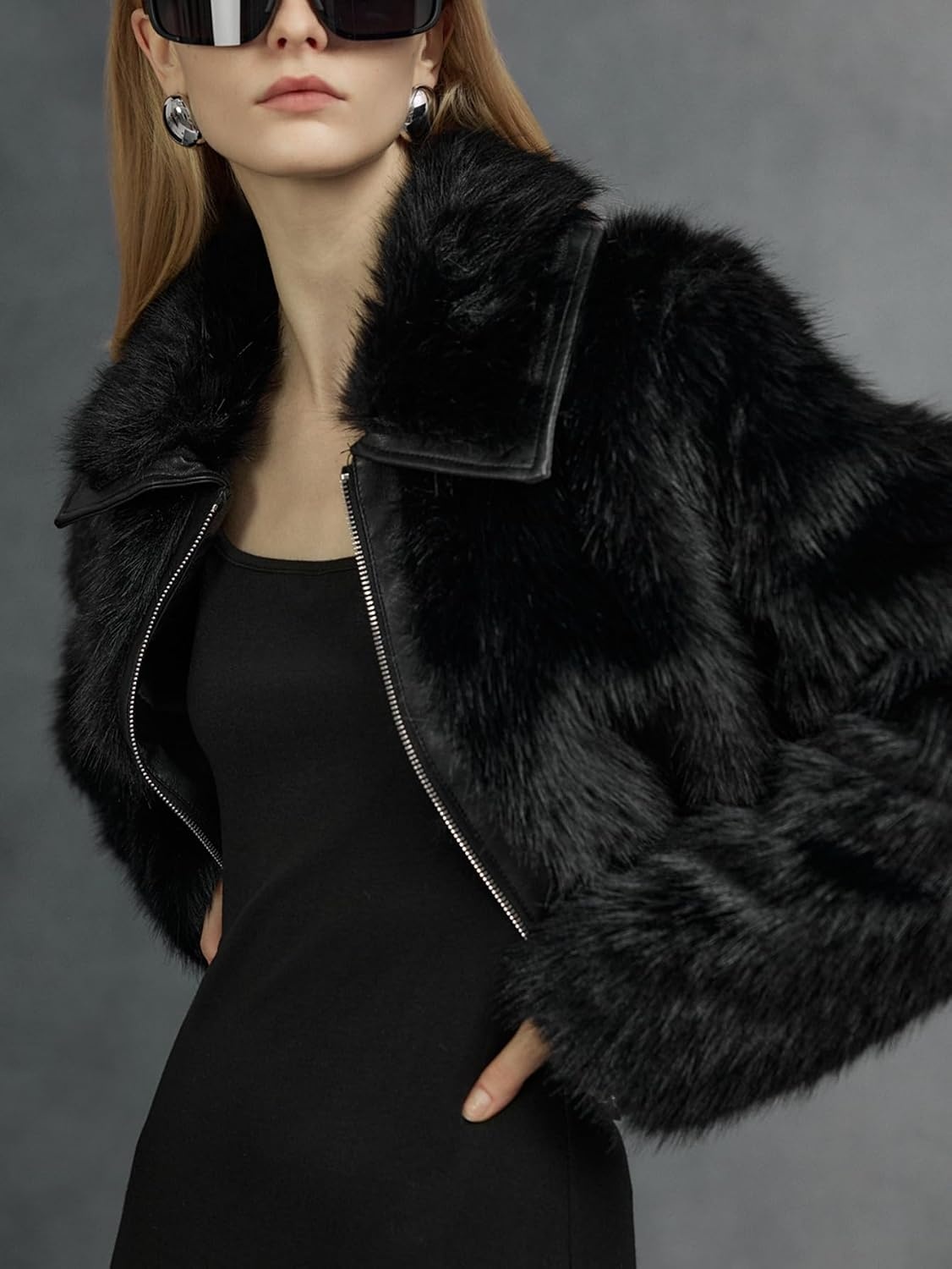 image:imageBellivera Womens Faux Fur Cropped Jacket Fluffy Fleece Zip Coat Long Sleeve Fuzzy Shaggy Fur Short Warm Soft Outerwear for Fall Winter with Faux Leather Spliced LapelPure Black Crop