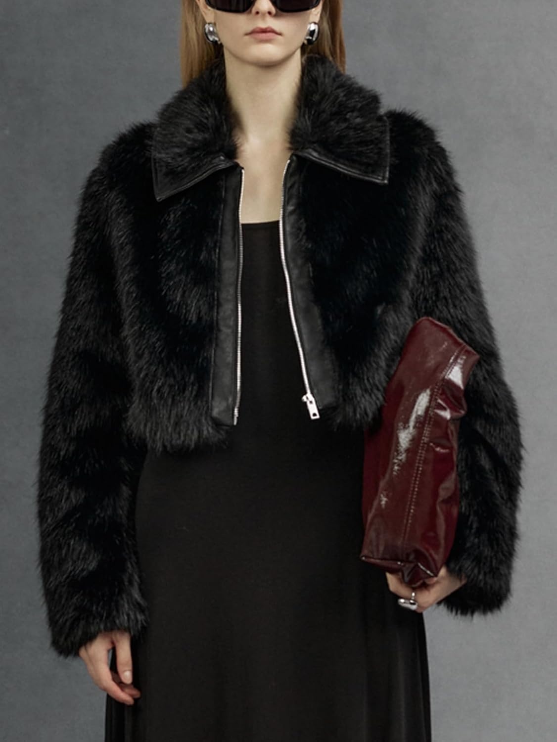 image:imageBellivera Womens Faux Fur Cropped Jacket Fluffy Fleece Zip Coat Long Sleeve Fuzzy Shaggy Fur Short Warm Soft Outerwear for Fall Winter with Faux Leather Spliced LapelPure Black Crop