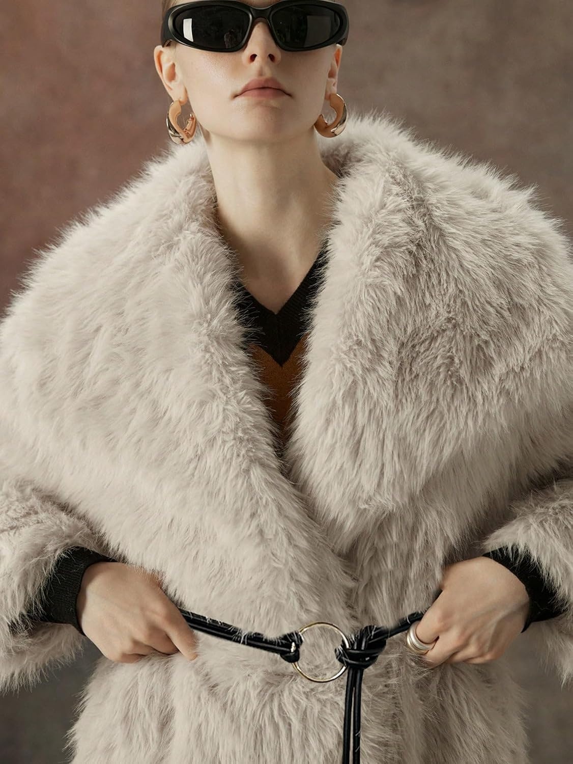 image:imageBellivera Womens Faux Fur Cropped Jacket Fluffy Fleece Zip Coat Long Sleeve Fuzzy Shaggy Fur Short Warm Soft Outerwear for Fall Winter with Faux Leather Spliced LapelBeige