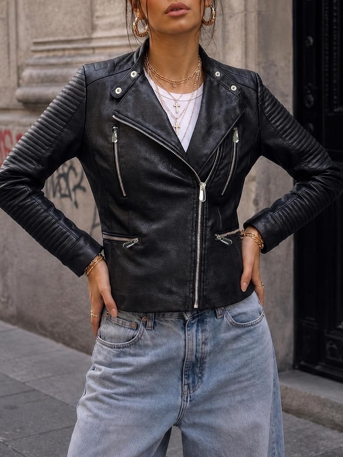 image:imageBellivera Womens Faux Leather Casual Moto Lightweight Jacket 2026 Spring Fall Trendy Zip Up Outfits Classic Biker Coat with Lapel Collar Soft Smooth Lining and Zipper PocketsBlack Casual Top