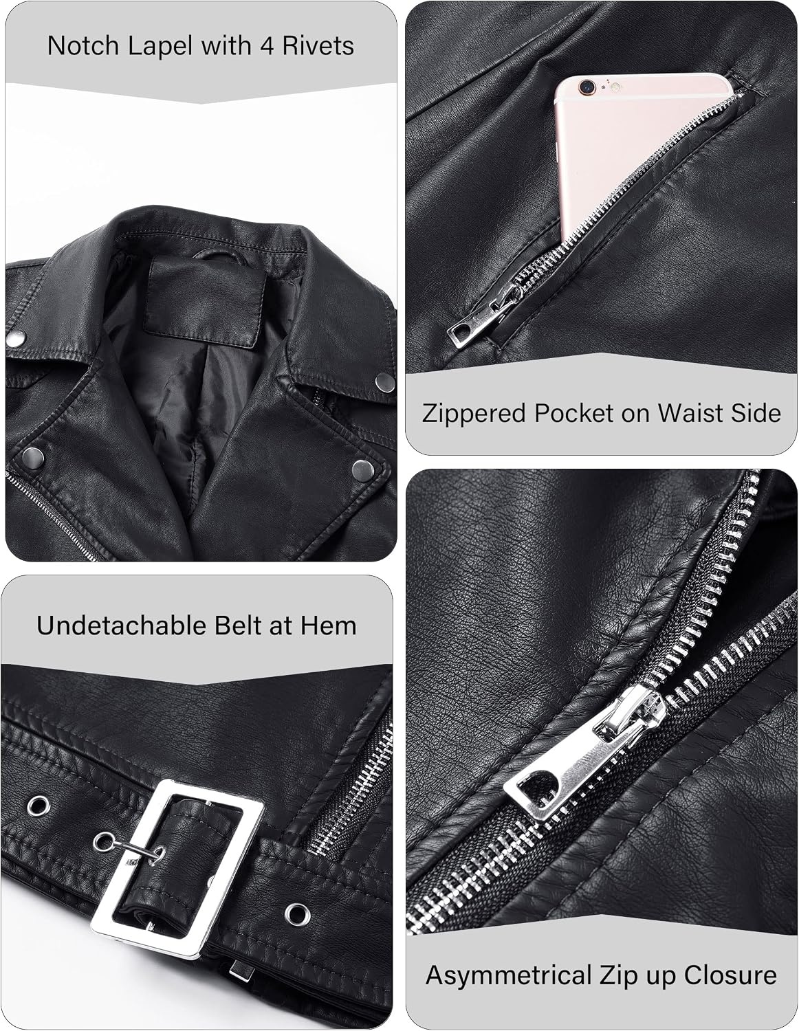 image:imageBellivera Womens Faux Leather Casual Moto Lightweight Jacket 2026 Spring Fall Trendy Zip Up Outfits Classic Biker Coat with Lapel Collar Soft Smooth Lining and Zipper PocketsBlack With Belt