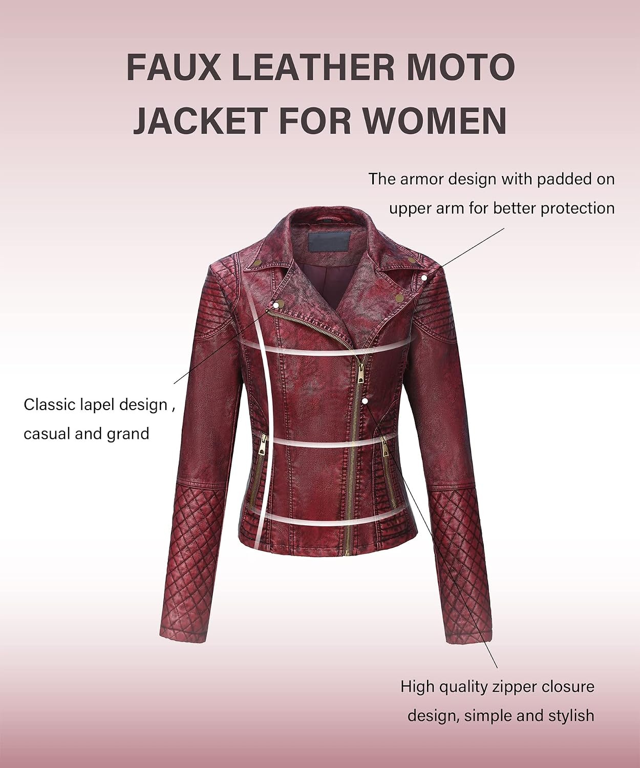 image:imageBellivera Womens Faux Leather Casual Moto Lightweight Jacket 2026 Spring Fall Trendy Zip Up Outfits Classic Biker Coat with Lapel Collar Soft Smooth Lining and Zipper PocketsWine Retro