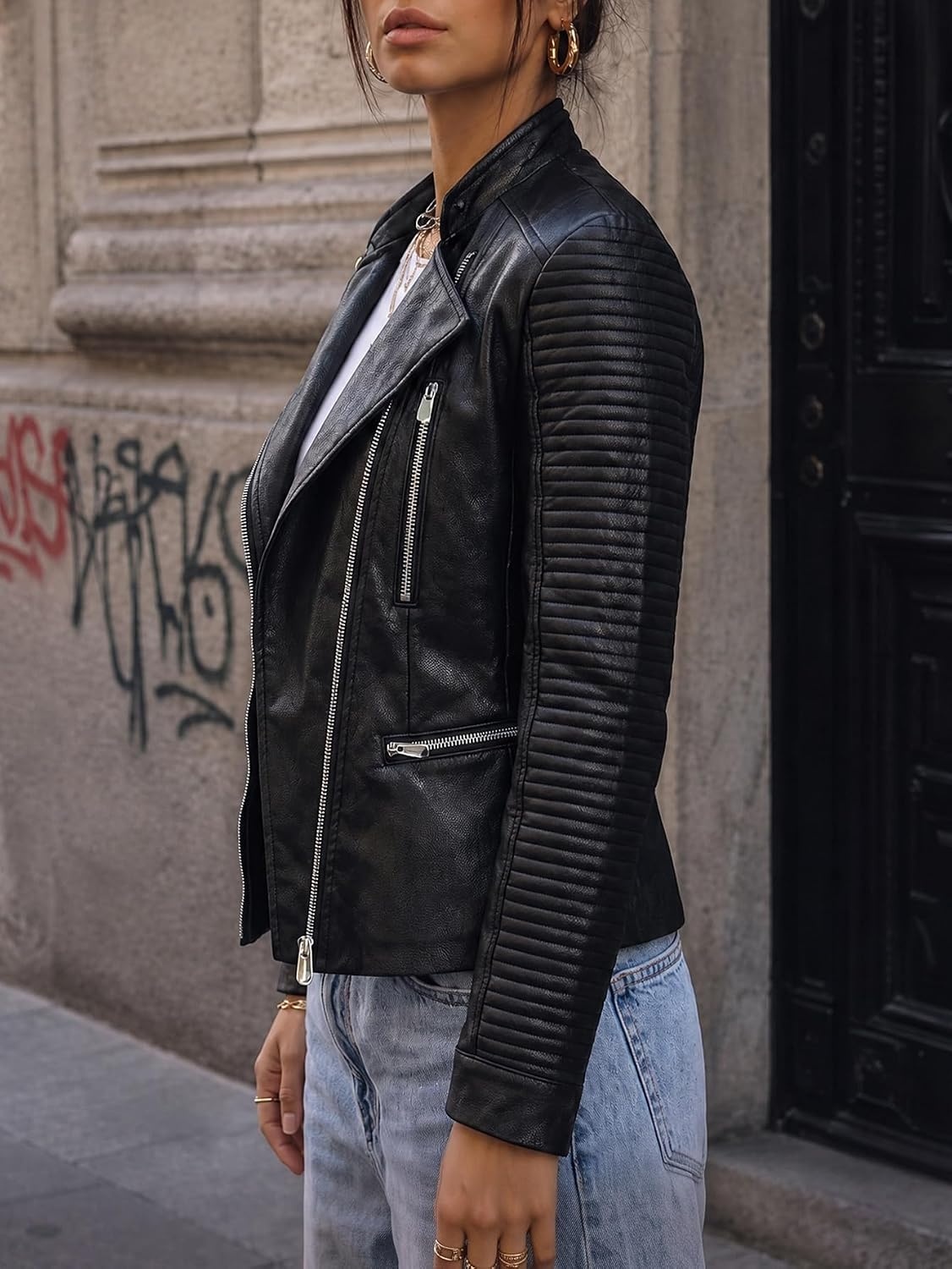 image:imageBellivera Womens Faux Leather Casual Moto Lightweight Jacket 2026 Spring Fall Trendy Zip Up Outfits Classic Biker Coat with Lapel Collar Soft Smooth Lining and Zipper PocketsBlack Casual Top
