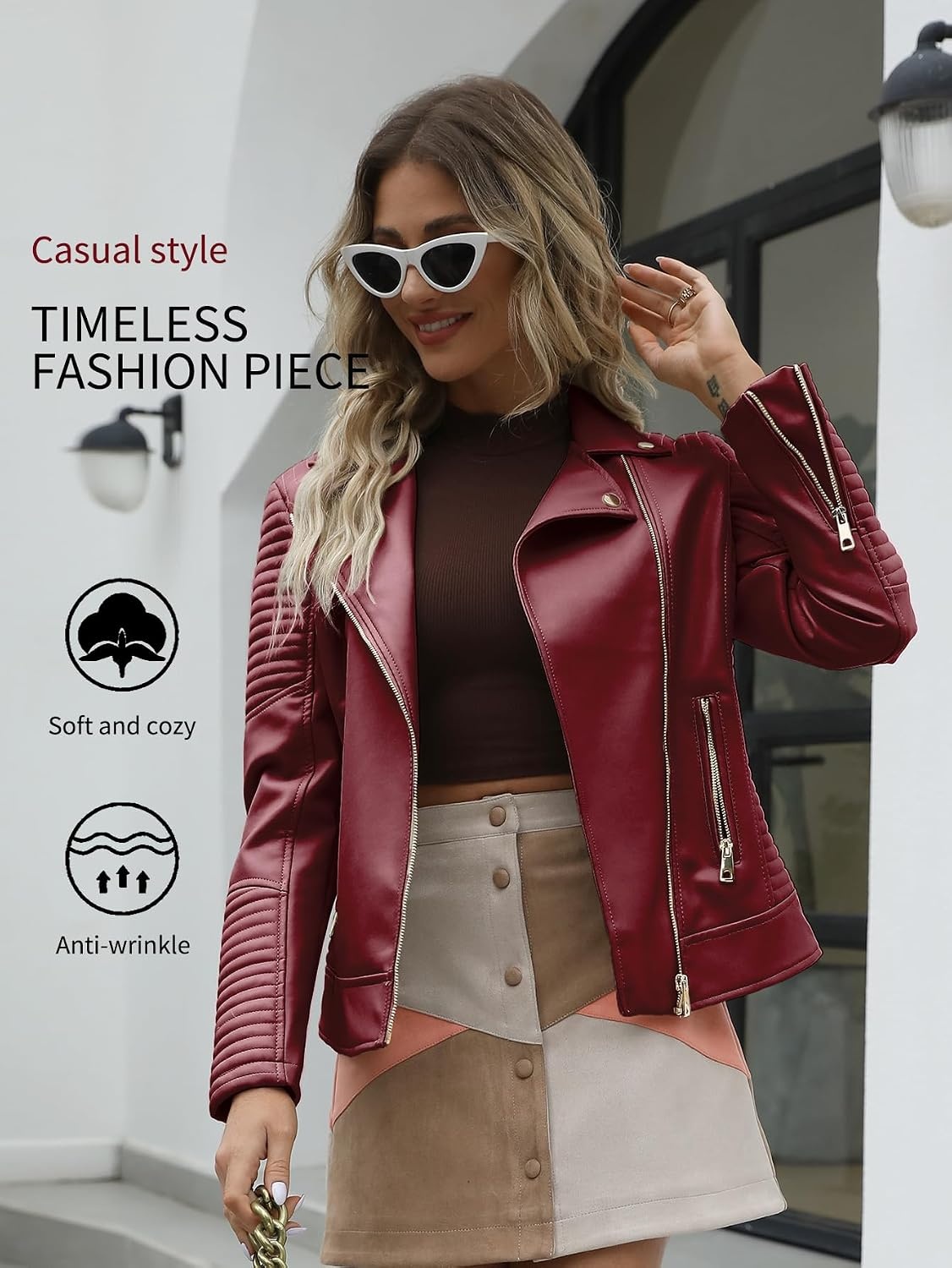 image:imageBellivera Womens Faux Leather Casual Moto Lightweight Jacket 2026 Spring Fall Trendy Zip Up Outfits Classic Biker Coat with Lapel Collar Soft Smooth Lining and Zipper PocketsRed