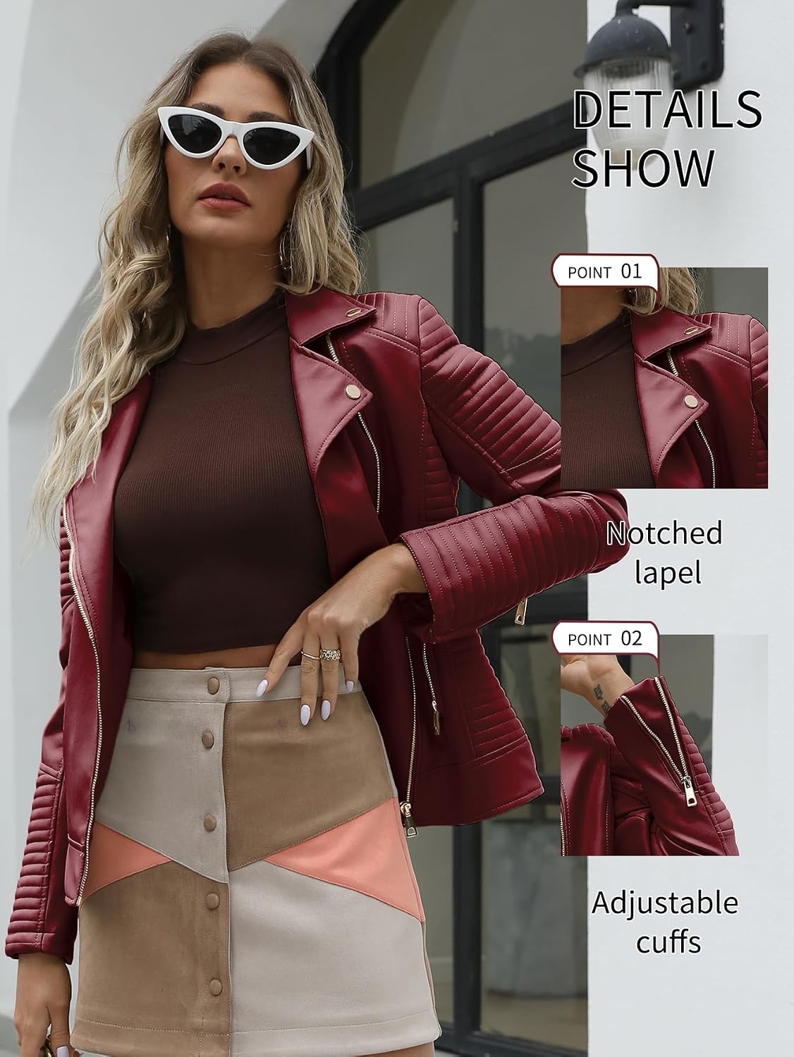 image:imageBellivera Womens Faux Leather Casual Moto Lightweight Jacket 2026 Spring Fall Trendy Zip Up Outfits Classic Biker Coat with Lapel Collar Soft Smooth Lining and Zipper PocketsRed