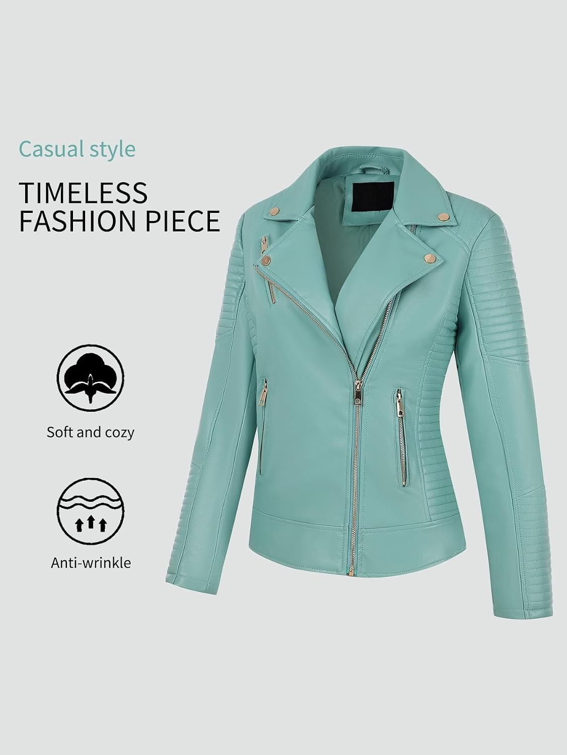 image:imageBellivera Womens Faux Leather Casual Moto Lightweight Jacket 2026 Spring Fall Trendy Zip Up Outfits Classic Biker Coat with Lapel Collar Soft Smooth Lining and Zipper PocketsTiffany Blue