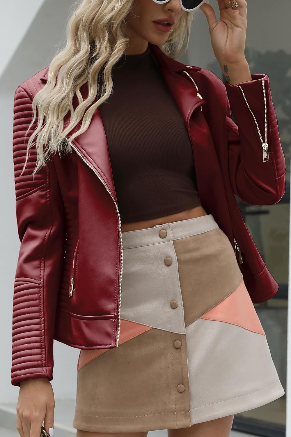 image:imageBellivera Womens Faux Leather Casual Moto Lightweight Jacket 2026 Spring Fall Trendy Zip Up Outfits Classic Biker Coat with Lapel Collar Soft Smooth Lining and Zipper PocketsRed