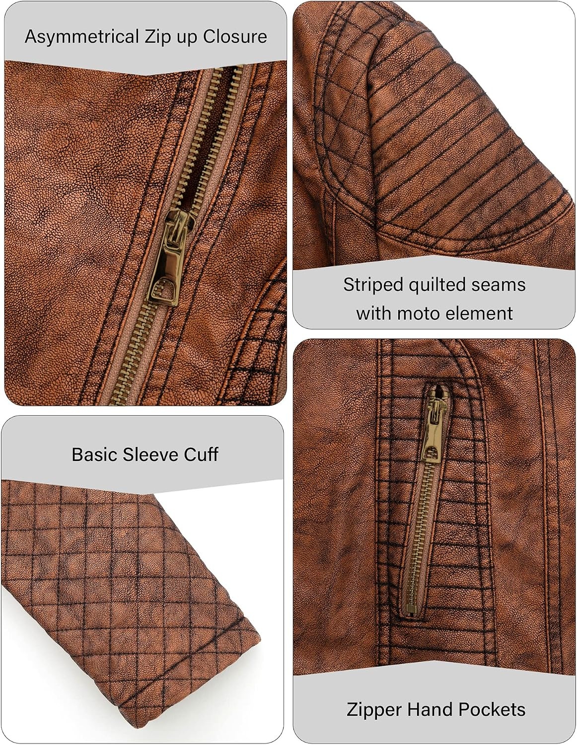 image:imageBellivera Womens Faux Leather Casual Moto Lightweight Jacket 2026 Spring Fall Trendy Zip Up Outfits Classic Biker Coat with Lapel Collar Soft Smooth Lining and Zipper PocketsBrown Retro