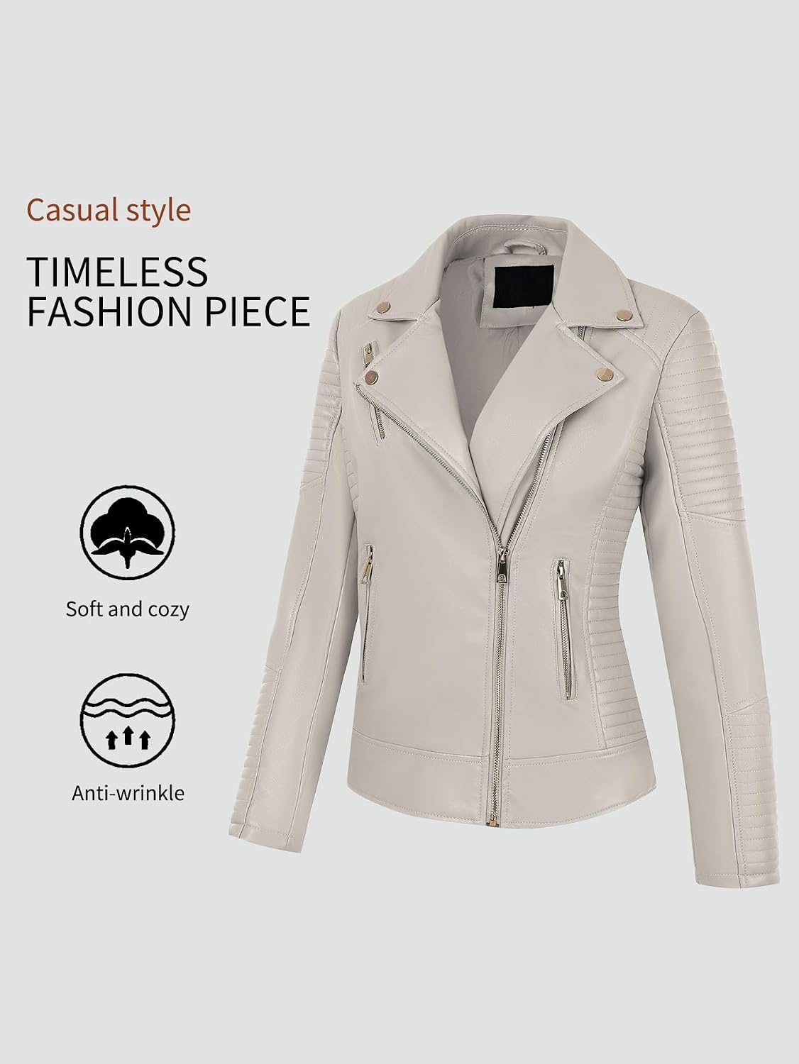 image:imageBellivera Womens Faux Leather Casual Moto Lightweight Jacket 2026 Spring Fall Trendy Zip Up Outfits Classic Biker Coat with Lapel Collar Soft Smooth Lining and Zipper PocketsBeige