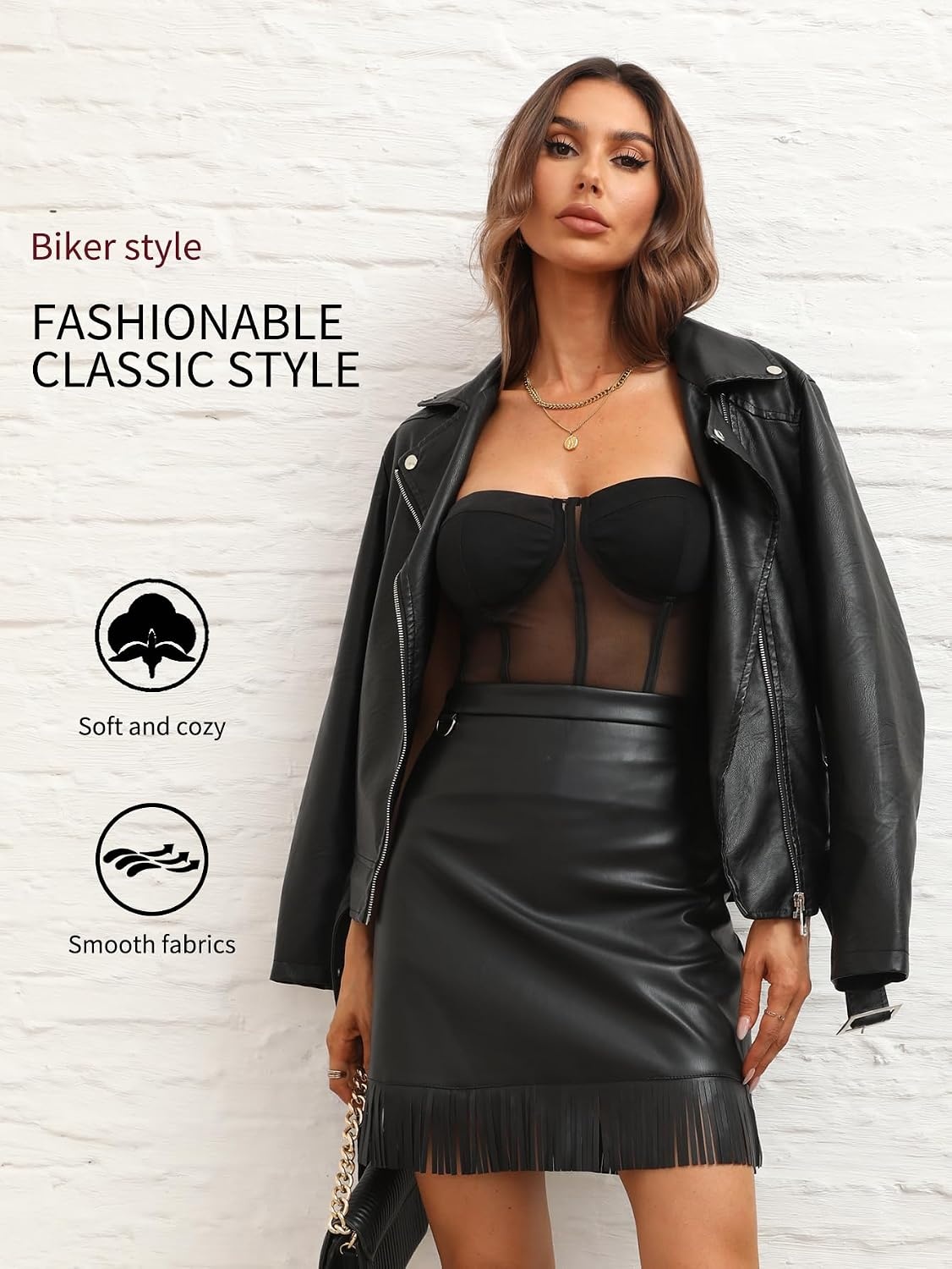 image:imageBellivera Womens Faux Leather Casual Moto Lightweight Jacket 2026 Spring Fall Trendy Zip Up Outfits Classic Biker Coat with Lapel Collar Soft Smooth Lining and Zipper PocketsBlack With Belt