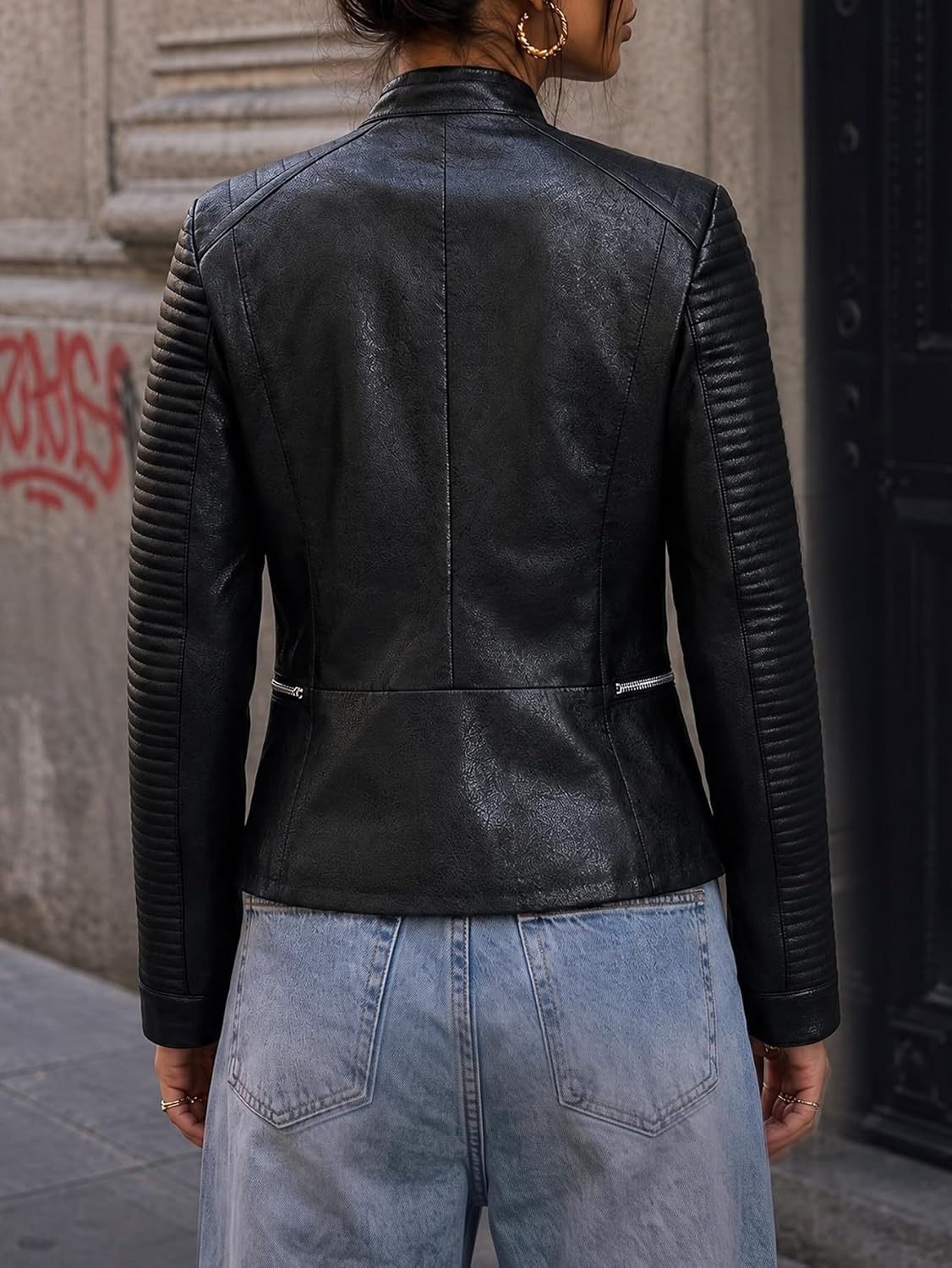 image:imageBellivera Womens Faux Leather Casual Moto Lightweight Jacket 2026 Spring Fall Trendy Zip Up Outfits Classic Biker Coat with Lapel Collar Soft Smooth Lining and Zipper PocketsBlack Casual Top