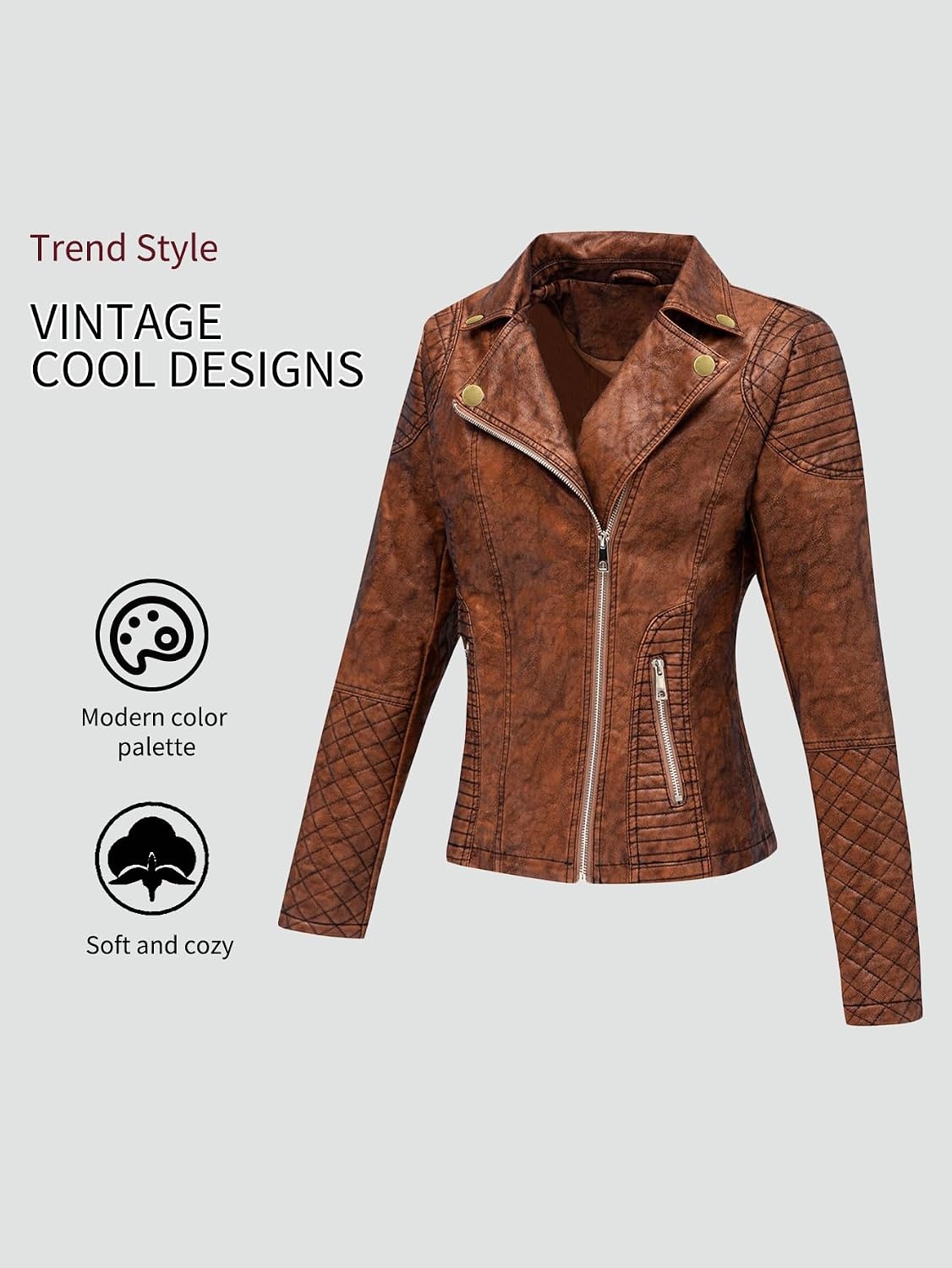 image:imageBellivera Womens Faux Leather Casual Moto Lightweight Jacket 2026 Spring Fall Trendy Zip Up Outfits Classic Biker Coat with Lapel Collar Soft Smooth Lining and Zipper PocketsBrown Retro