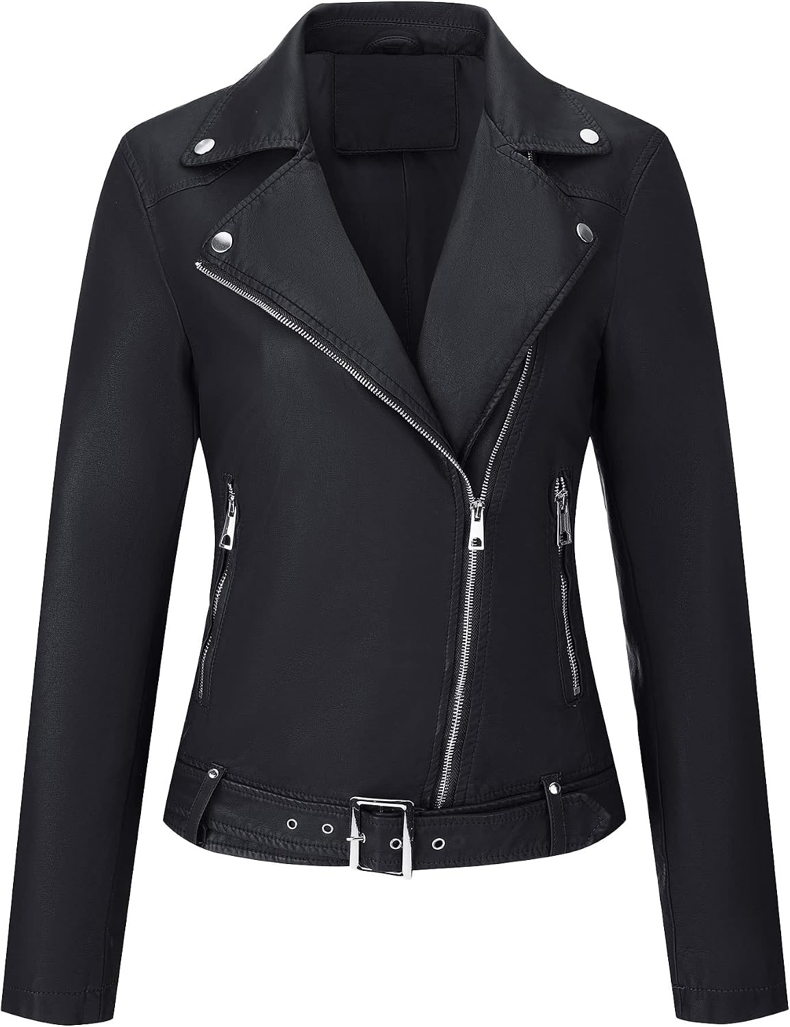 image:imageBellivera Womens Faux Leather Casual Moto Lightweight Jacket 2026 Spring Fall Trendy Zip Up Outfits Classic Biker Coat with Lapel Collar Soft Smooth Lining and Zipper PocketsBlack With Belt