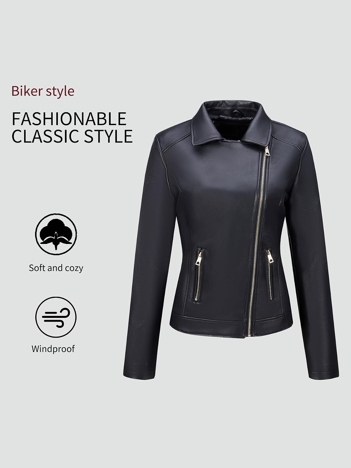 image:imageBellivera Womens Faux Leather Casual Moto Lightweight Jacket 2026 Spring Fall Trendy Zip Up Outfits Classic Biker Coat with Lapel Collar Soft Smooth Lining and Zipper PocketsBlack Biker Coat