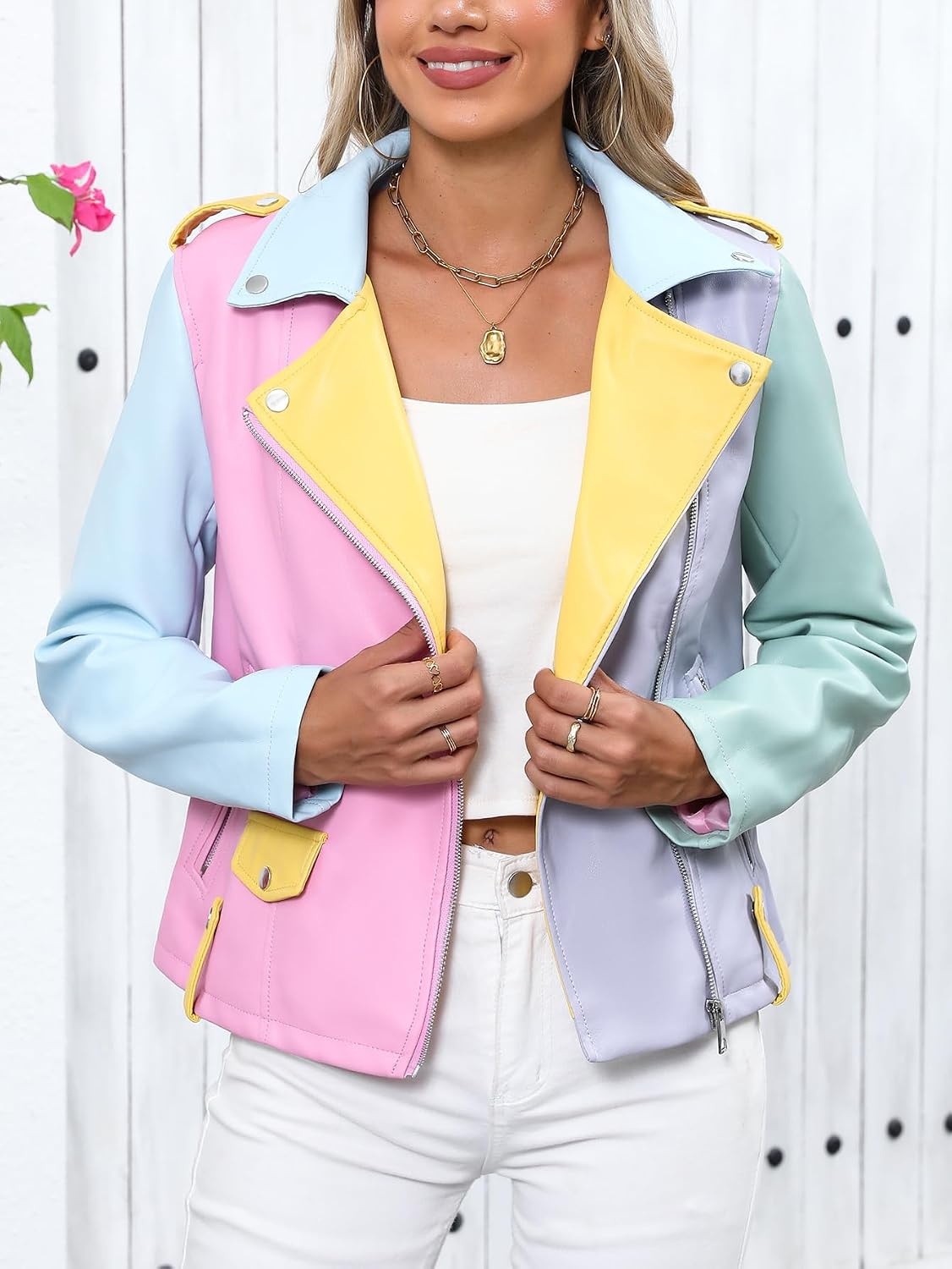 image:imageBellivera Womens Faux Leather ColorBlock Moto Zip Up Jacket Regular Fit PU Shell Asymmetrical Zip Front ColorBlock Design Belted Waist Ideal for Streetwear and ConcertsMulticolor Jacket