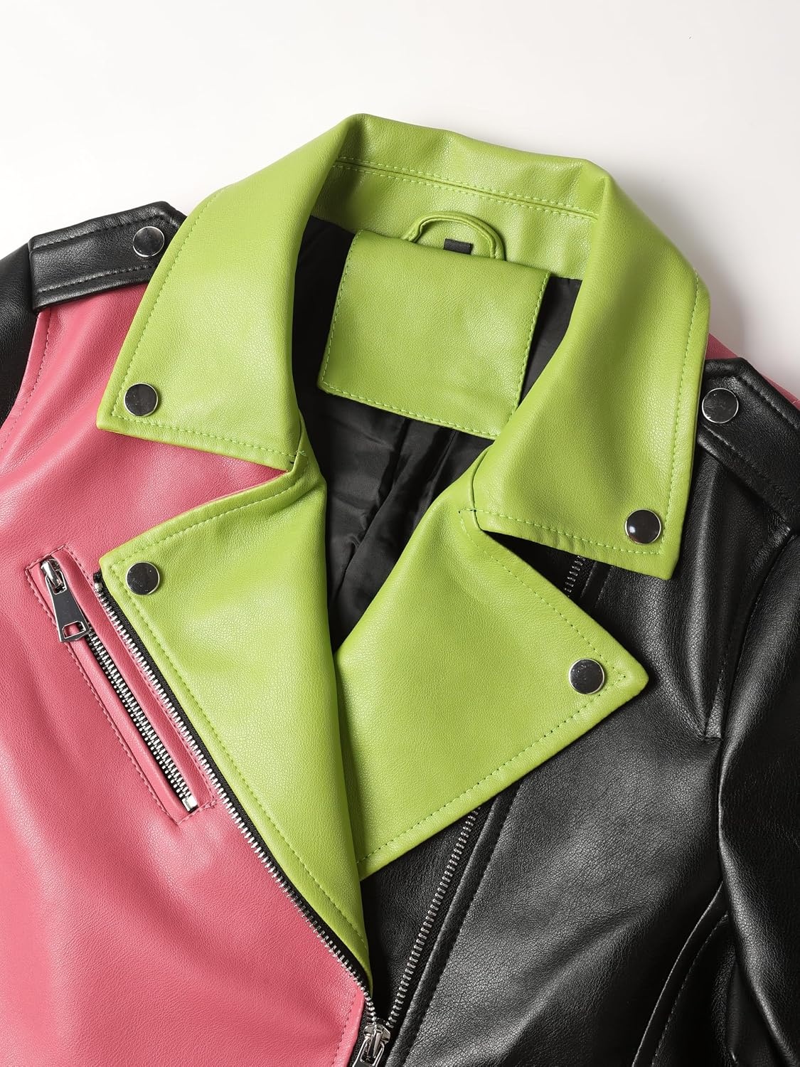 image:imageBellivera Womens Faux Leather ColorBlock Moto Zip Up Jacket Regular Fit PU Shell Asymmetrical Zip Front ColorBlock Design Belted Waist Ideal for Streetwear and ConcertsPinkgreen