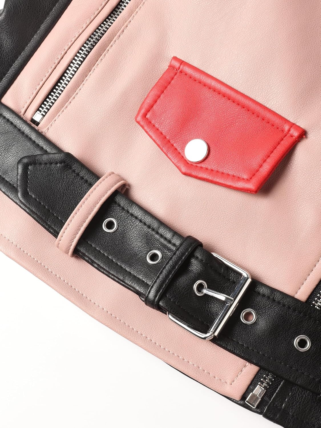 image:imageBellivera Womens Faux Leather ColorBlock Moto Zip Up Jacket Regular Fit PU Shell Asymmetrical Zip Front ColorBlock Design Belted Waist Ideal for Streetwear and ConcertsBlackpink