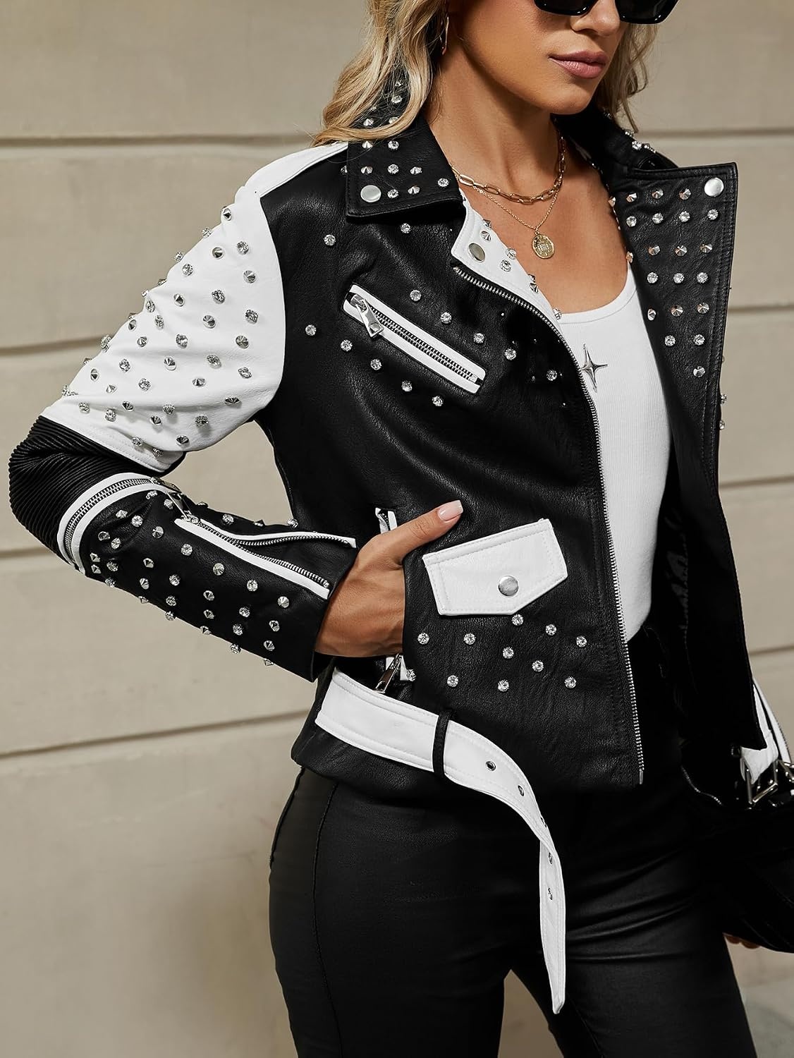 image:imageBellivera Womens Faux Leather ColorBlock Moto Zip Up Jacket Regular Fit PU Shell Asymmetrical Zip Front ColorBlock Design Belted Waist Ideal for Streetwear and ConcertsWhite Black Jacket
