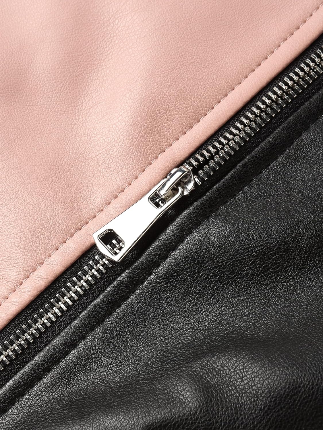 image:imageBellivera Womens Faux Leather ColorBlock Moto Zip Up Jacket Regular Fit PU Shell Asymmetrical Zip Front ColorBlock Design Belted Waist Ideal for Streetwear and ConcertsBlackpink