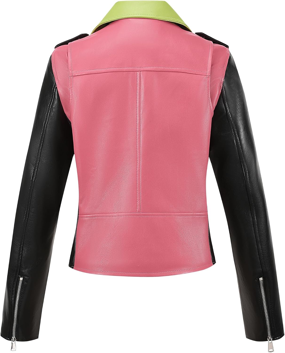image:imageBellivera Womens Faux Leather ColorBlock Moto Zip Up Jacket Regular Fit PU Shell Asymmetrical Zip Front ColorBlock Design Belted Waist Ideal for Streetwear and ConcertsPinkgreen