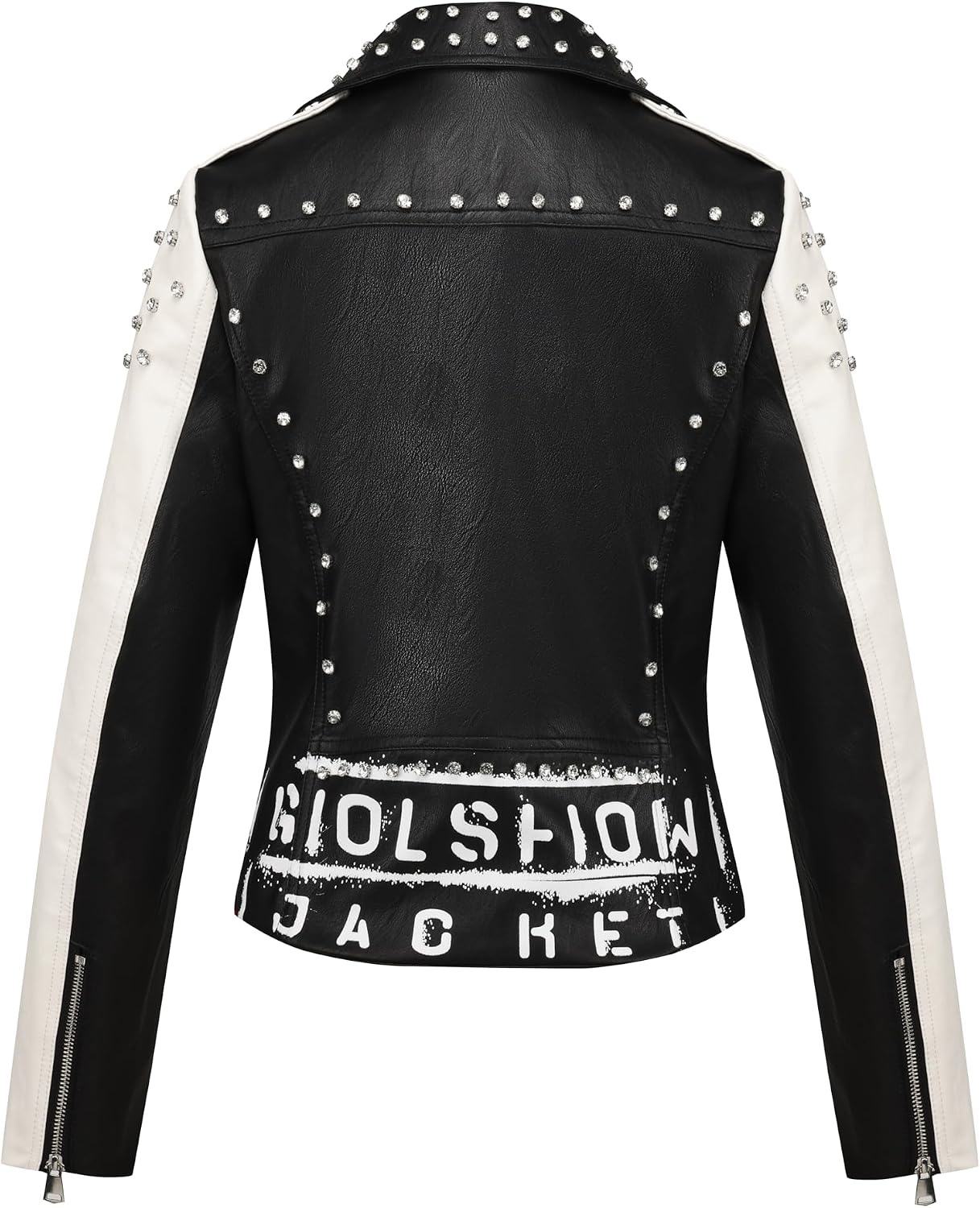 image:imageBellivera Womens Faux Leather ColorBlock Moto Zip Up Jacket Regular Fit PU Shell Asymmetrical Zip Front ColorBlock Design Belted Waist Ideal for Streetwear and ConcertsBlackwhite