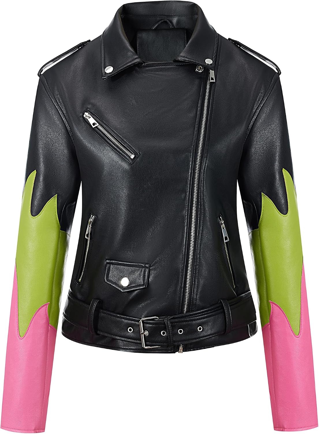 image:imageBellivera Womens Faux Leather ColorBlock Moto Zip Up Jacket Regular Fit PU Shell Asymmetrical Zip Front ColorBlock Design Belted Waist Ideal for Streetwear and ConcertsBlackgreenred