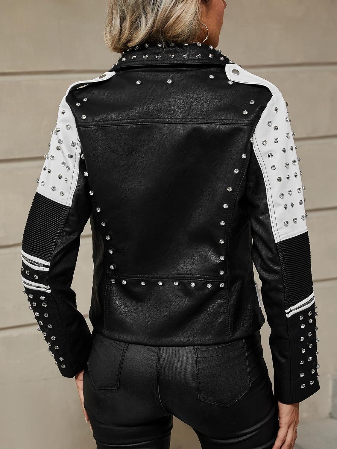 image:imageBellivera Womens Faux Leather ColorBlock Moto Zip Up Jacket Regular Fit PU Shell Asymmetrical Zip Front ColorBlock Design Belted Waist Ideal for Streetwear and ConcertsWhite Black Jacket