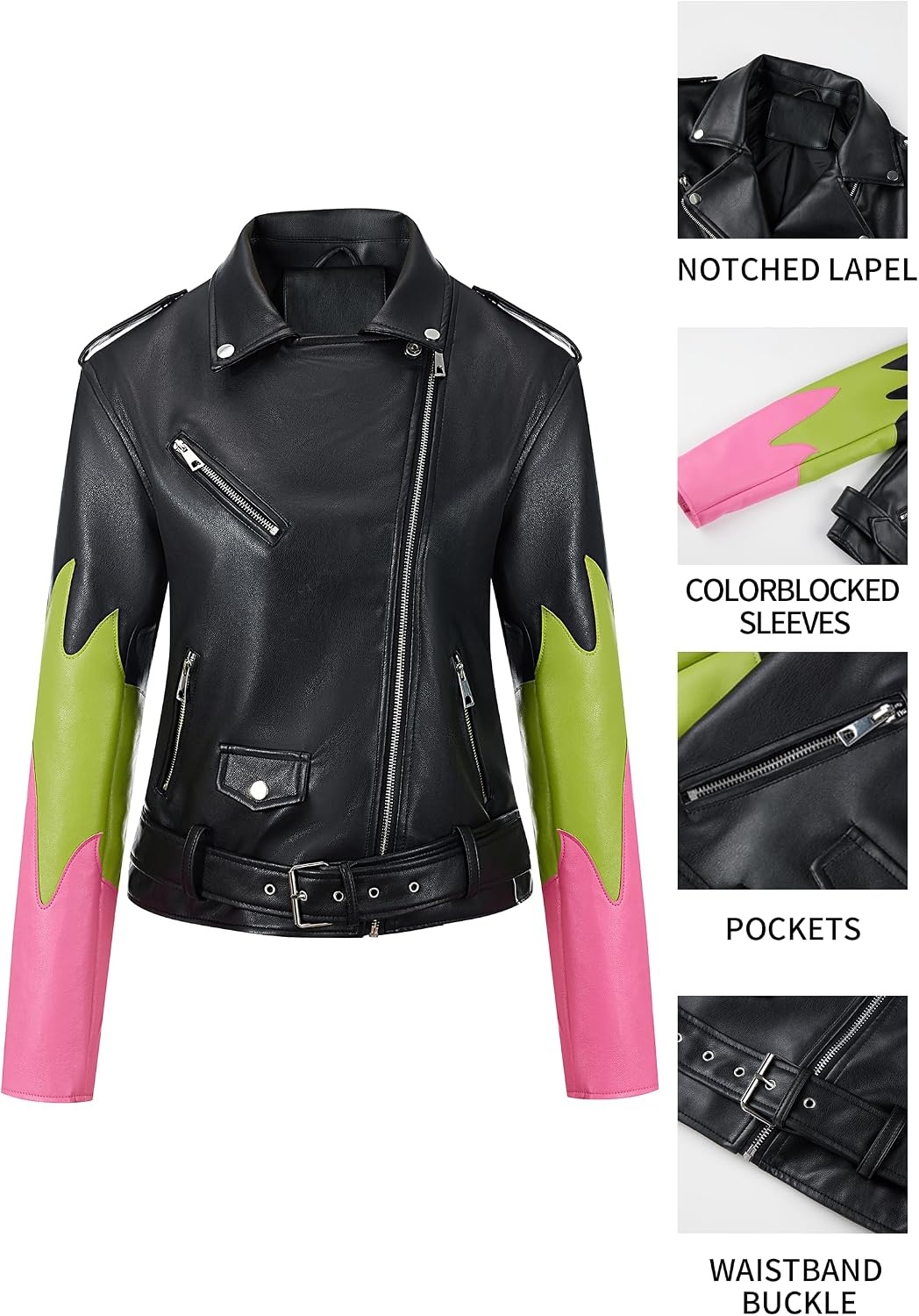 image:imageBellivera Womens Faux Leather ColorBlock Moto Zip Up Jacket Regular Fit PU Shell Asymmetrical Zip Front ColorBlock Design Belted Waist Ideal for Streetwear and ConcertsBlackgreenred