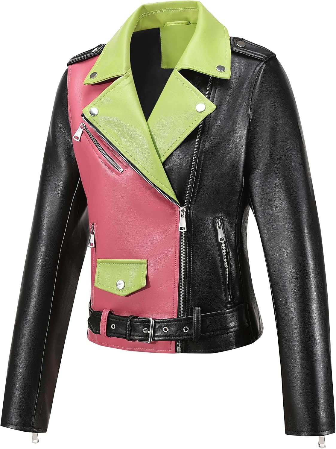 image:imageBellivera Womens Faux Leather ColorBlock Moto Zip Up Jacket Regular Fit PU Shell Asymmetrical Zip Front ColorBlock Design Belted Waist Ideal for Streetwear and ConcertsPinkgreen
