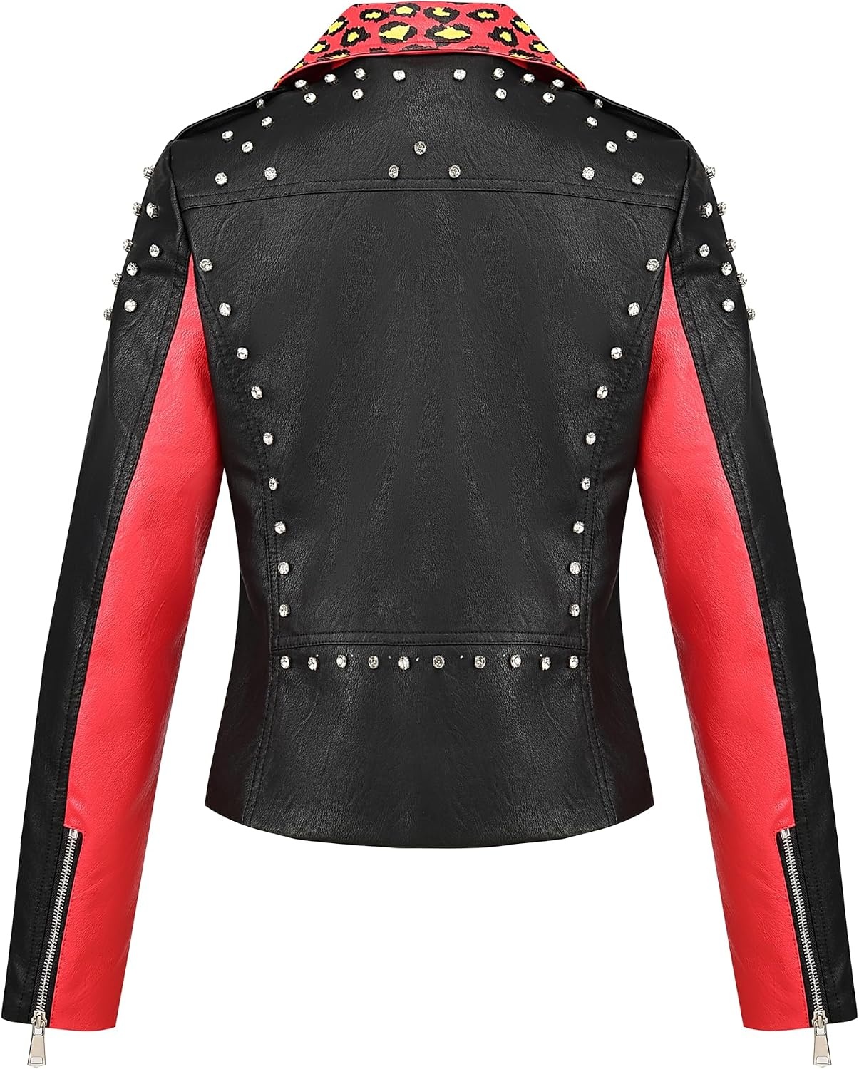 image:imageBellivera Womens Faux Leather ColorBlock Moto Zip Up Jacket Regular Fit PU Shell Asymmetrical Zip Front ColorBlock Design Belted Waist Ideal for Streetwear and ConcertsRedblack