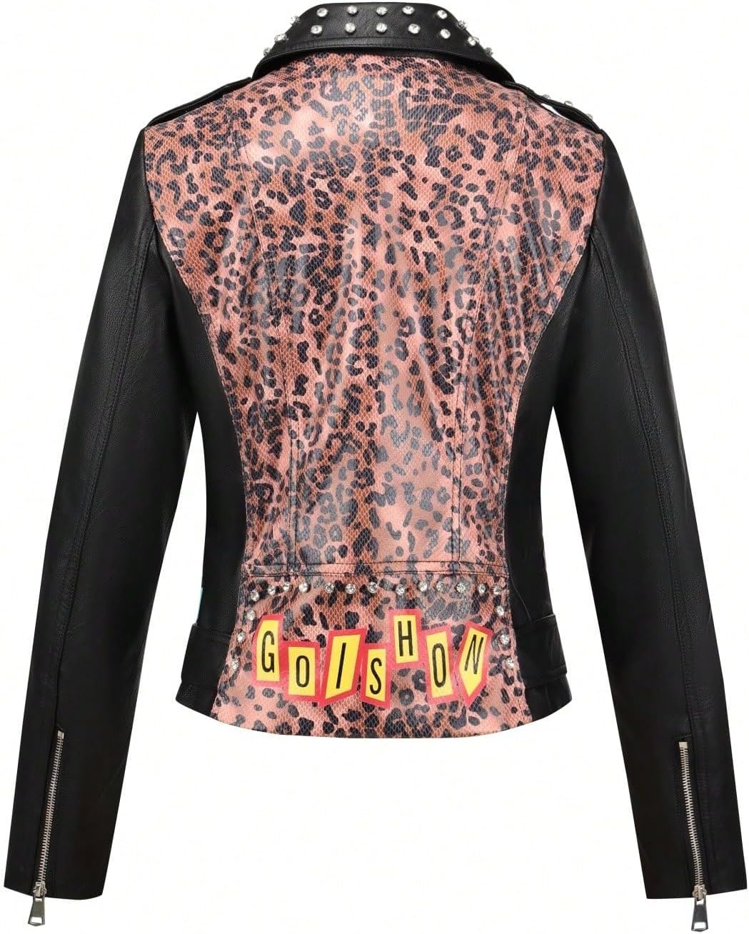 image:imageBellivera Womens Faux Leather ColorBlock Moto Zip Up Jacket Regular Fit PU Shell Asymmetrical Zip Front ColorBlock Design Belted Waist Ideal for Streetwear and ConcertsBlackleopard